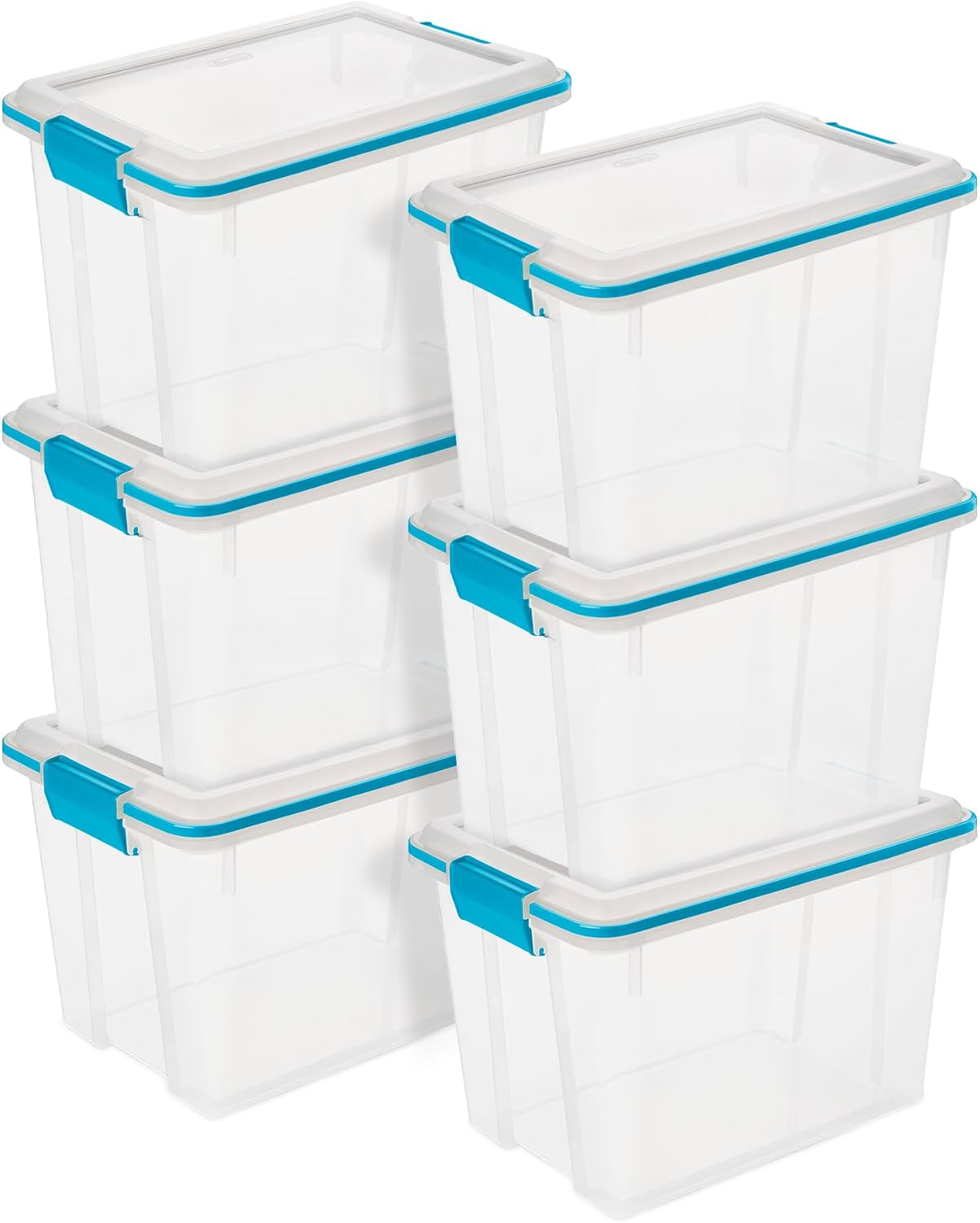 Sterilite Gasket Storage Box with Lids for Home & Office, 20 Quart, 6-Pack. | Heavy-Duty, Stackable, and Organizing Containers for Bathroom, Cabinet, Closet, and Garage, Clear and Blue Aquarium Latches