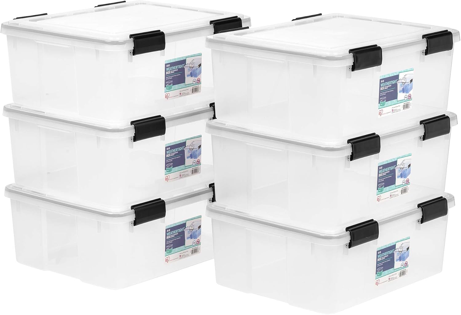 IRIS USA 6-Pack 31 Qt Storage Bins with Gasket Lids, Clear/Black