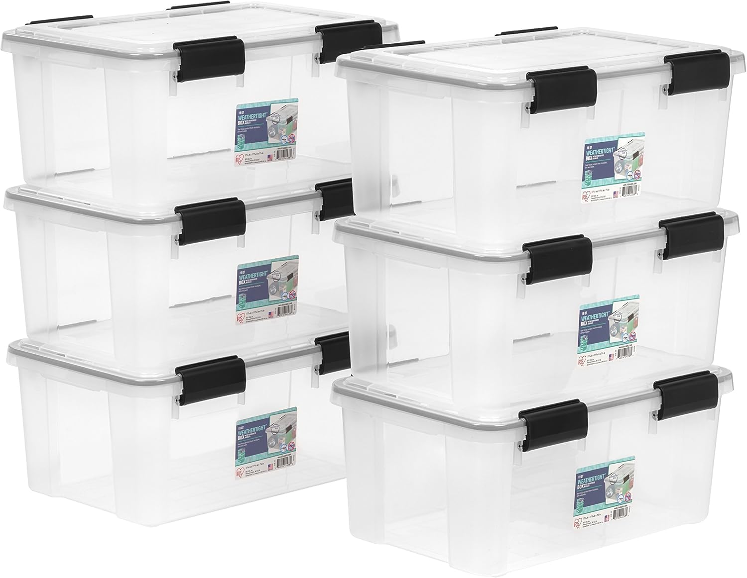IRIS USA 6-Pack 19 Qt Storage Bins with Gasket Lids, Clear/Black | WeatherPro seal protects shoes, crafts, documents and supplies from dust and moisture