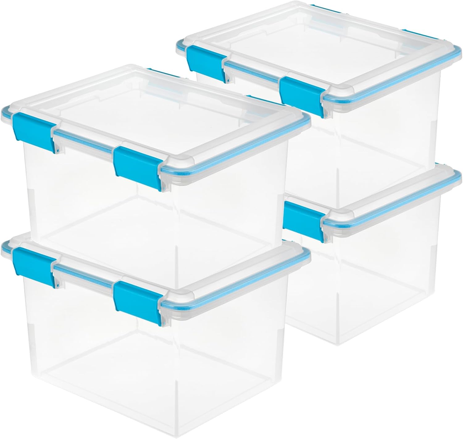 Sterilite 32 Qt Gasket Box, Stackable Storage Bin with Latching Lid and Tight Seal, Plastic Container to Organize Basement, Clear Base and Lid, 4-Pack