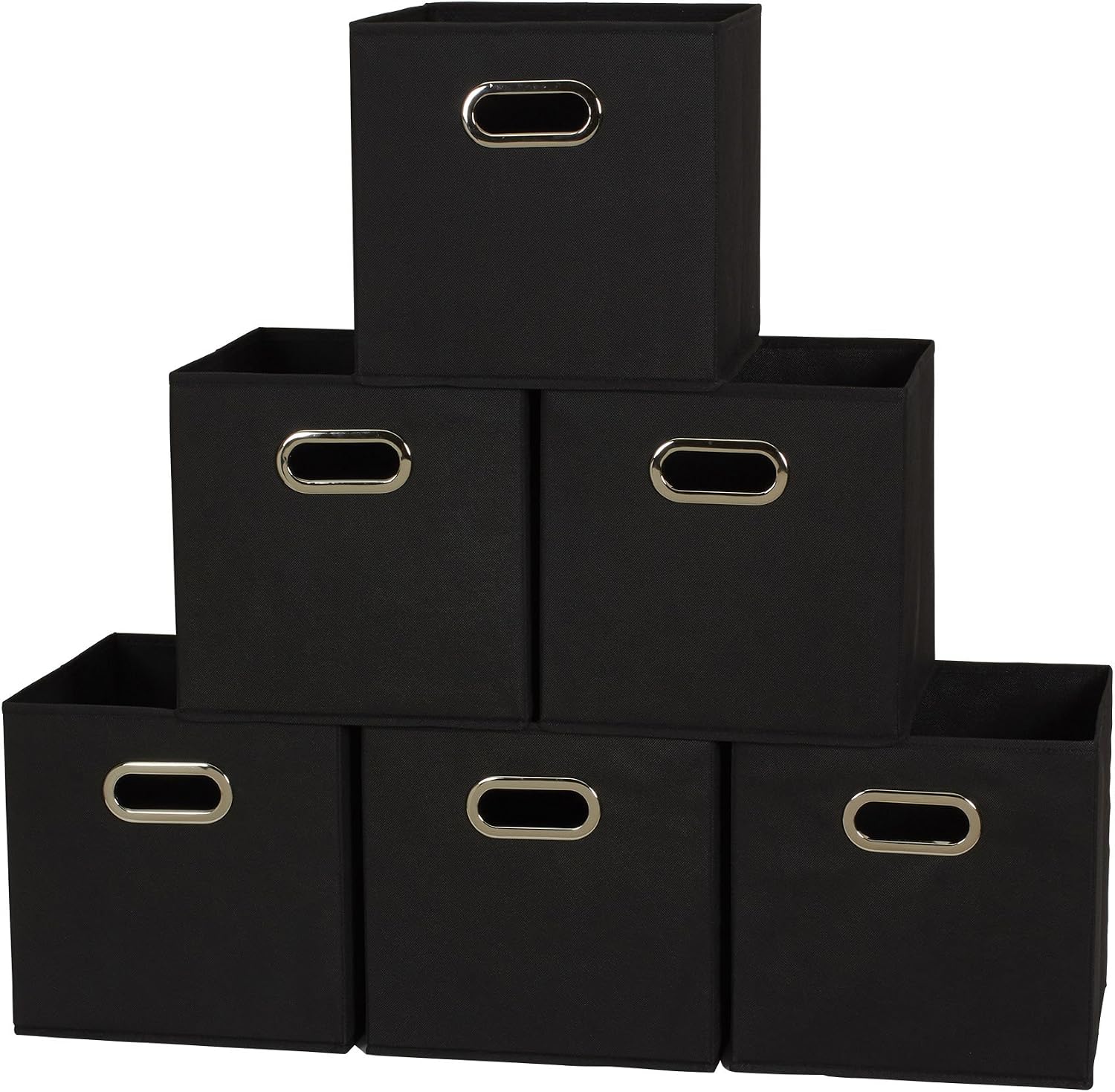 Household Essentials Foldable Fabric Storage Bins 6 Piece Set, Strong Poly-Woven Fabric, Sturdy Chipboard Sides, Grommet Front Handle, Stackable, Classic Design, Black