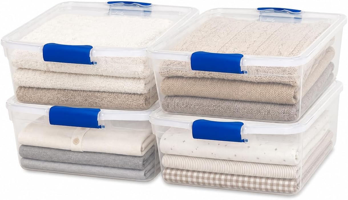 HOMZ Clear Plastic Storage Bins with Latching Lid, 15.5 Qt, Blue, 4 Pack