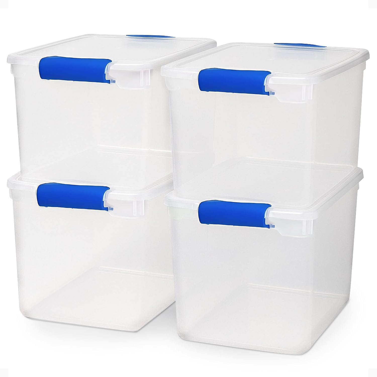 HOMZ Clear Plastic Storage Bins with Latching Lids, 31 Qt, Blue, 4 Pack | Stackable Container Set for Home, Office Shelves, Kitchen, Garage, and Bathroom Organization