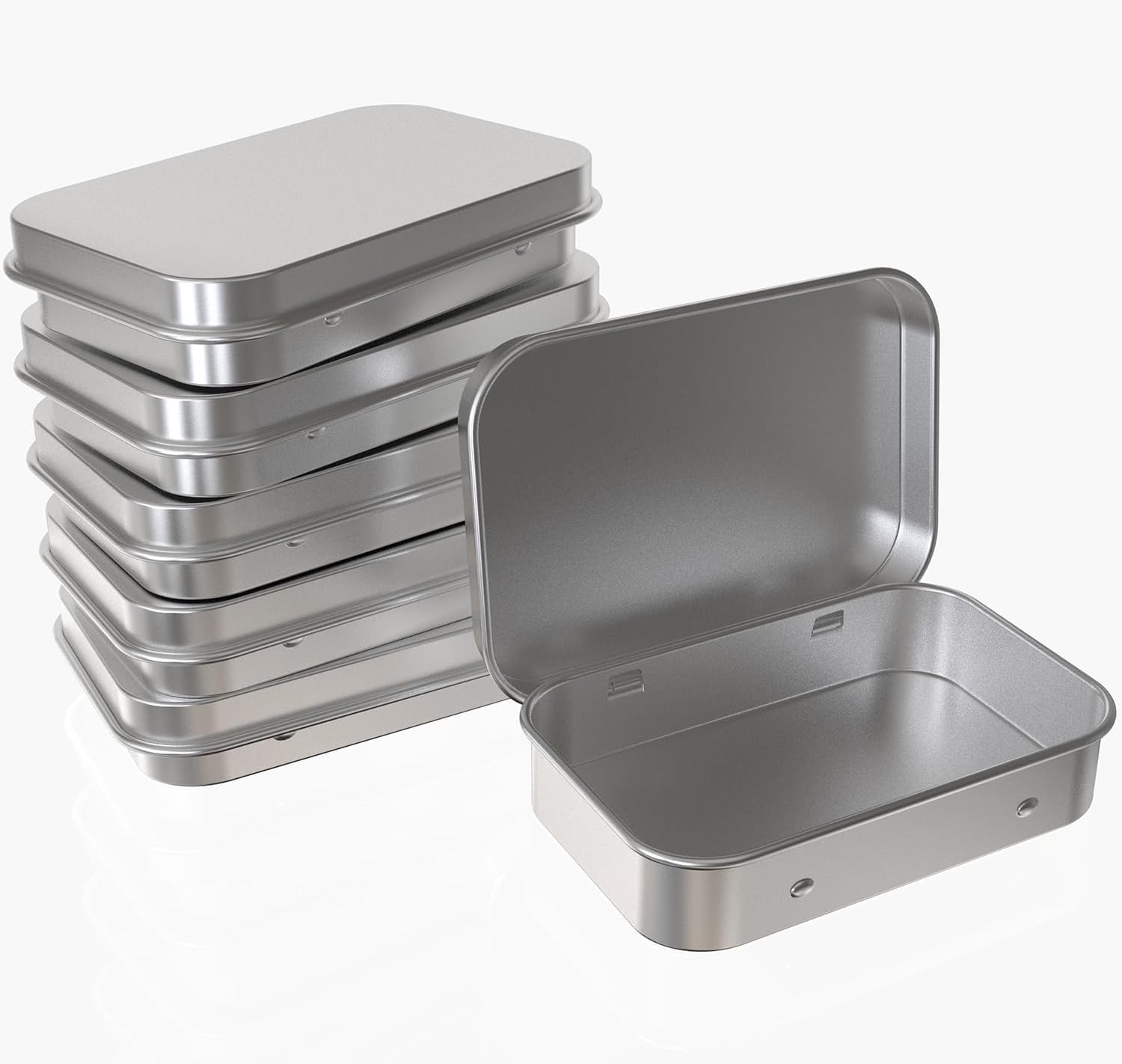 Hulless Small Hinged Tin Box Metal Tins Storage Containers, Silver 6Pcs