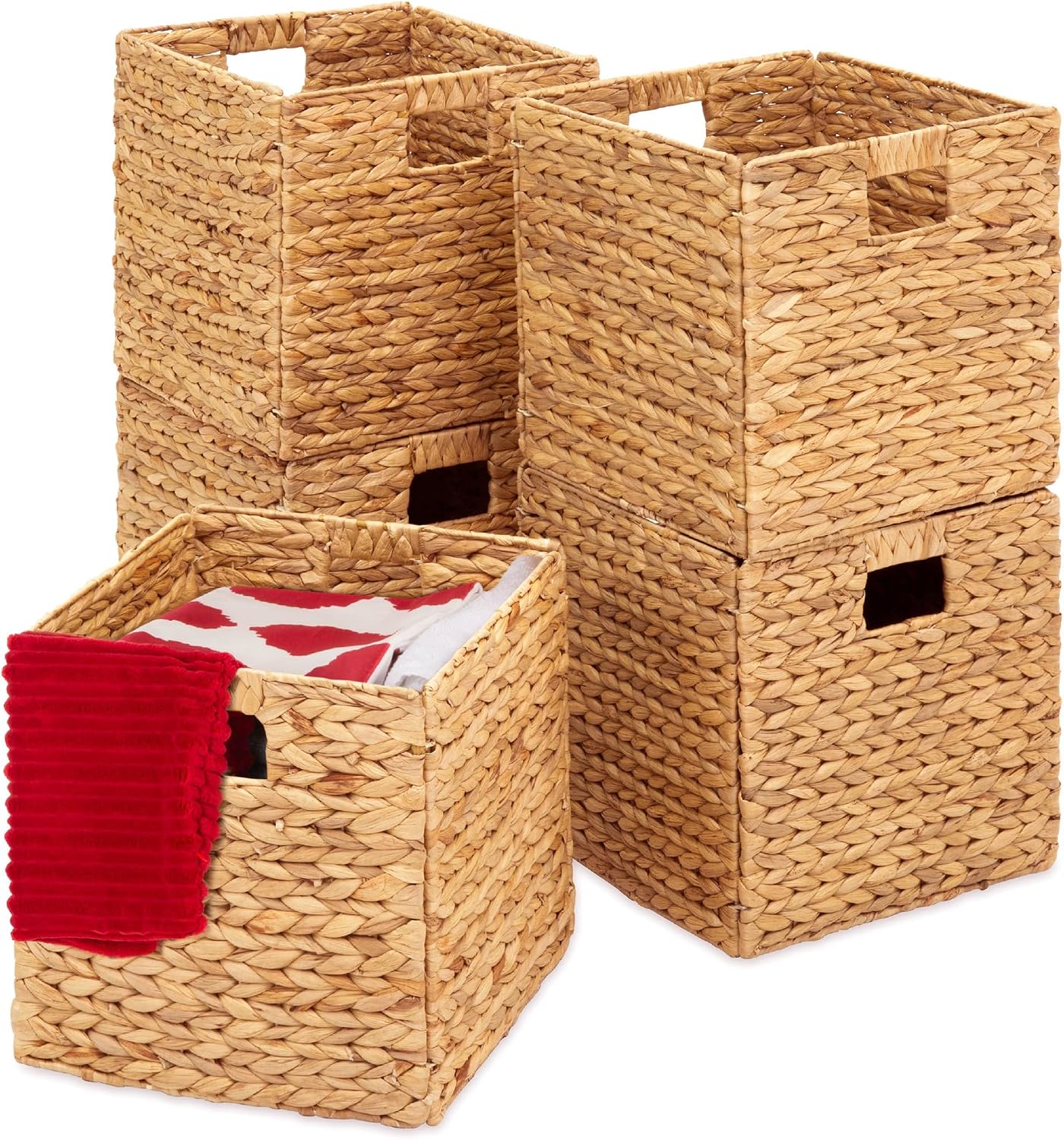 Best Choice Products 12x12in Hyacinth Baskets, Rustic Set Of 5 Multipurpose Collapsible Storage Organizer, Handwoven Laundry Totes for Bedroom, Living Room, Shelves w/Inserts