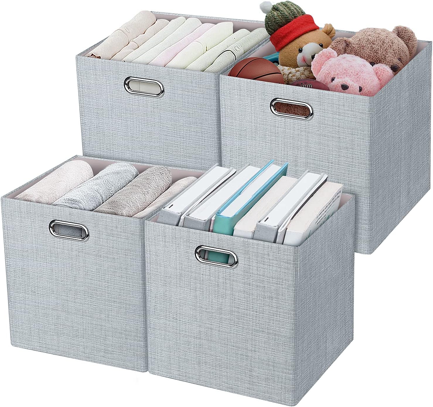Posprica 3X Thicker Fabric Storage Cubes 13 inch Collapsible Storage Bins for Organization, Cubby Storage Baskets for Organizing Shelf Cabinet Bookcase Boxes, Set of 4, Silver Grey