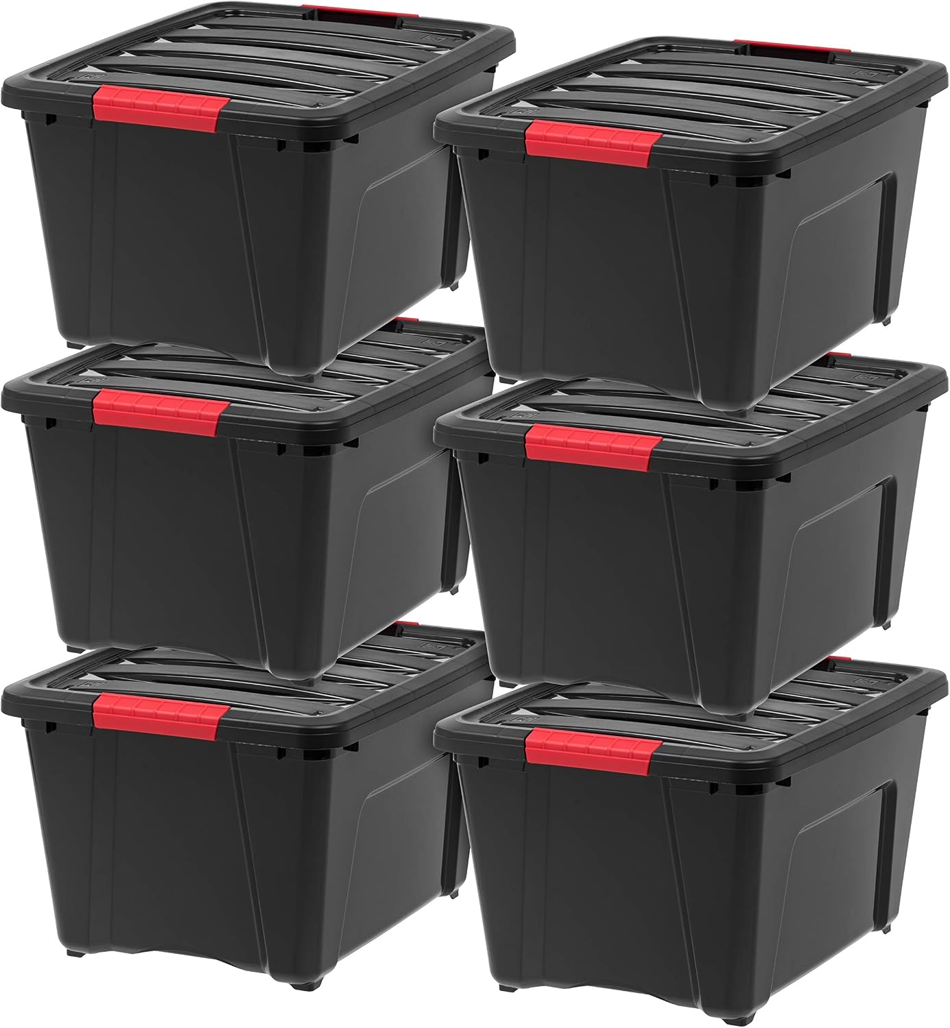 IRIS USA 6-Pack 32 Quart Storage Bins with Lids, Black | Black finish conceals stored items. Great for linens, décor, closet storage, and supplies. Nestable design saves space.