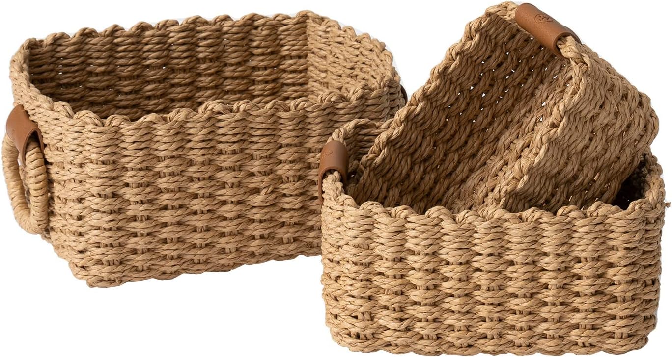 LA JOLIE MUSE Small Wicker Baskets, 3 Pack Paper Rope Storage, Desert | Decorative Small Baskets, Faux Leather Tag, Round Handle, Organizer for Shelves Bedroom Kitchen Office