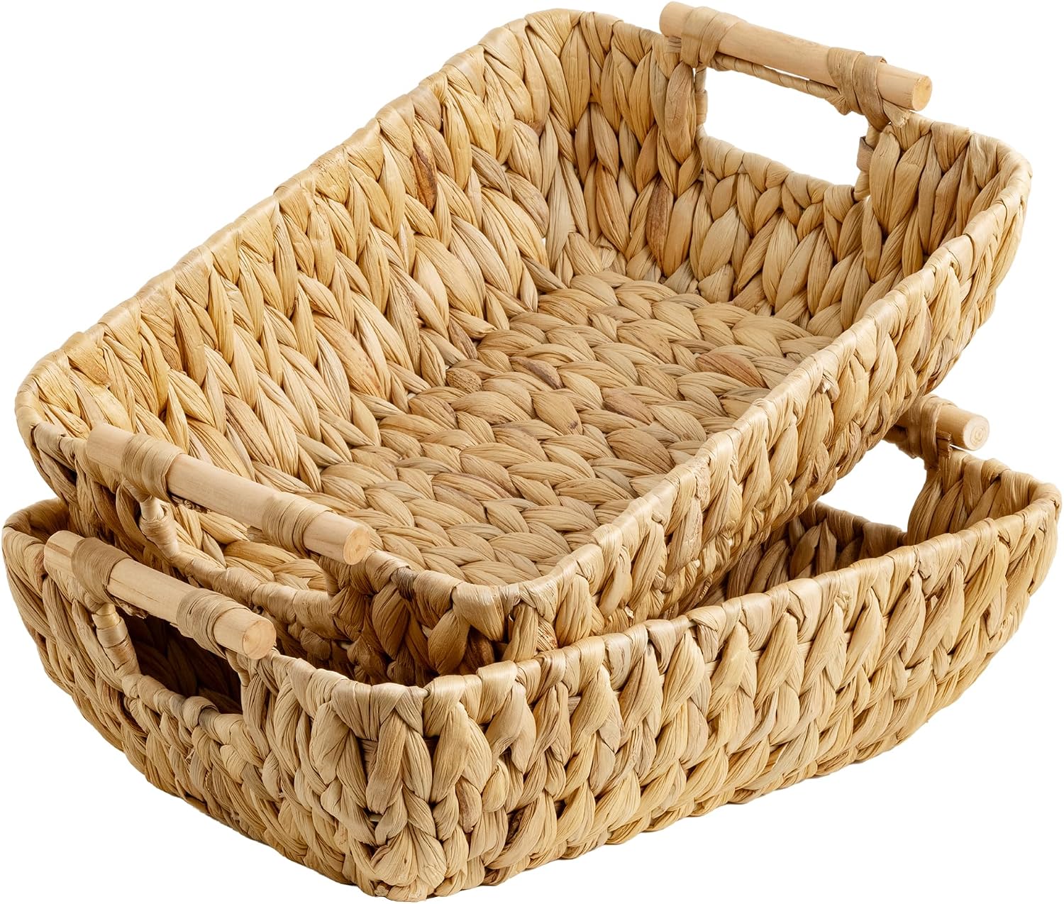 StorageWorks Wicker Baskets for Organizing, Water Hyacinth Storage Baskets | Wicker Storage Baskets for Shelves, Baskets with Wooden Handles, 2-Pack Gifts Basket for Home Decor, Hand-Woven Basket