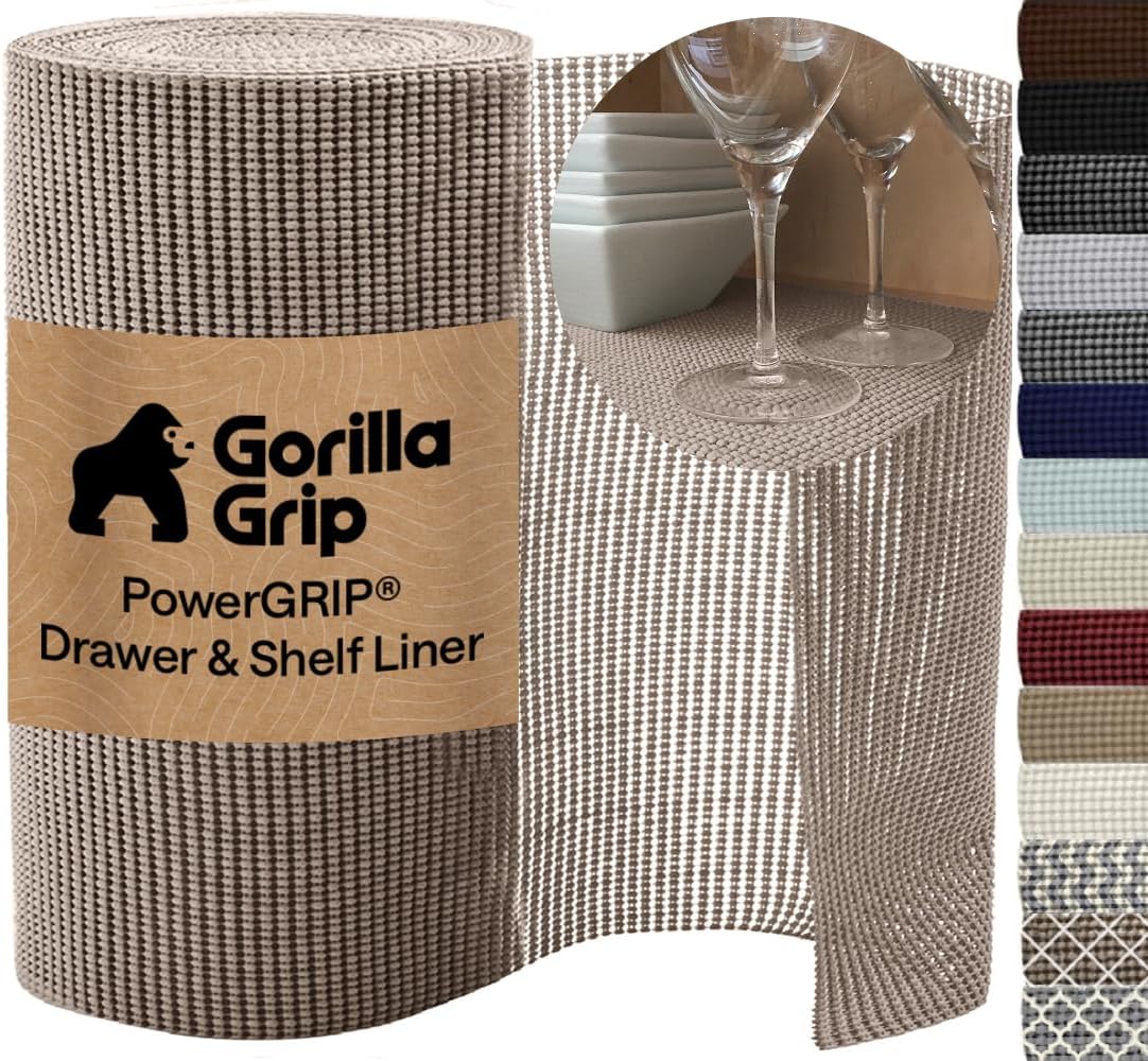 GORILLA GRIP powerGRIP Drawer Shelf and Cabinet Liner, Thick Strong Hold, Non-Adhesive Liners Protect Kitchen Cabinets and Cupboard, Bathroom Drawers, Easy Install, Breathable Mat, 12" x10', Beige