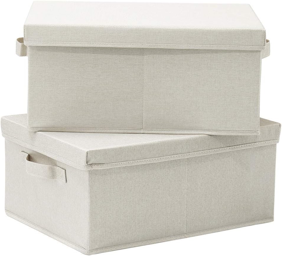 HOONEX Foldable Storage Bins with Lids, 2 Pack, Storage Boxes with Carrying Handles and Sturdy Heavy Cardboard, 16.5" L x 11.8" W x 7.5" H for Shoes, Books, Clothes, Beige