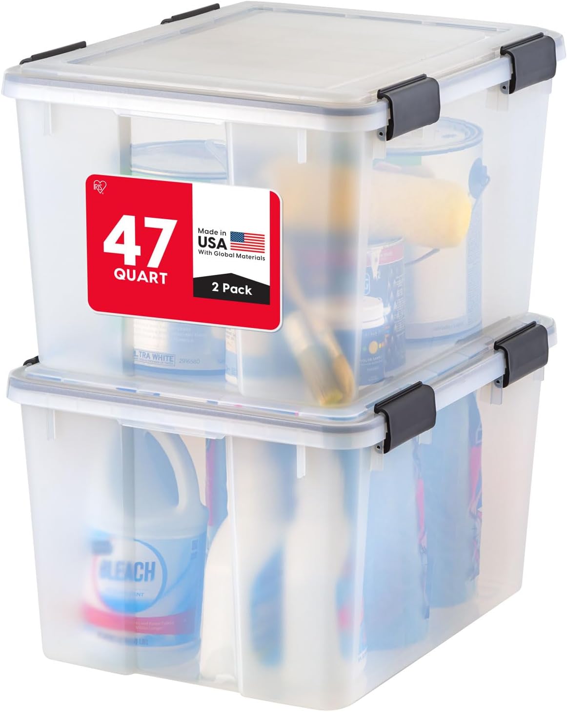 IRIS USA WeatherPro Storage Bins with Lids, 47 Qt, Gasket Seal, 2 Pack | Airtight gasket helps protect clothing, shoes, crafts, keepsakes, and household supplies from moisture and dust.