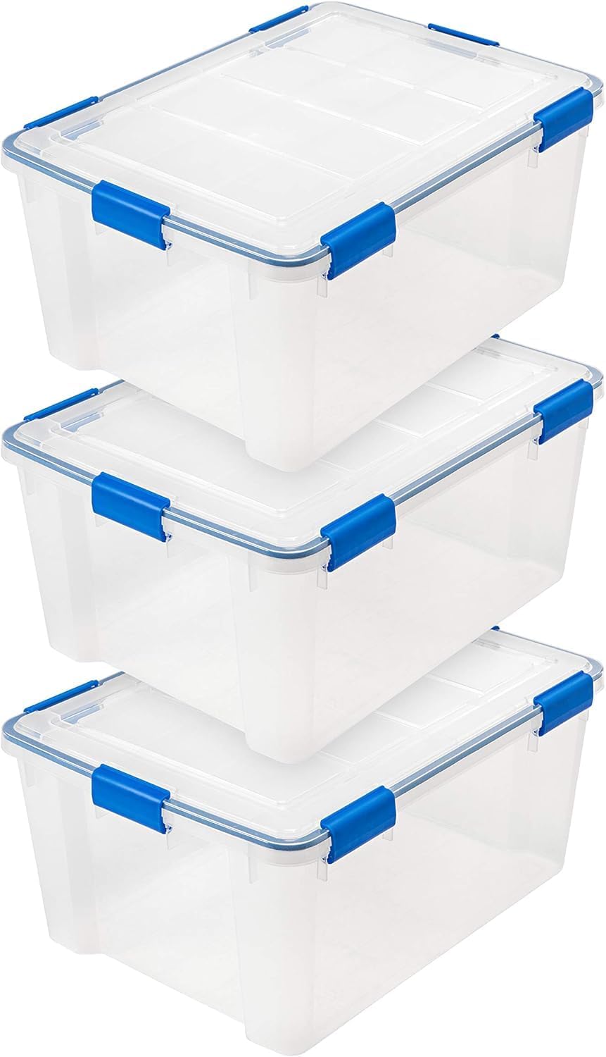 IRIS USA 3-Pack 60 Qt Storage Bins with Gasket Lids, Clear/Blue | WeatherPro seal helps protect bulky items for moving, garage, attic and basement storage