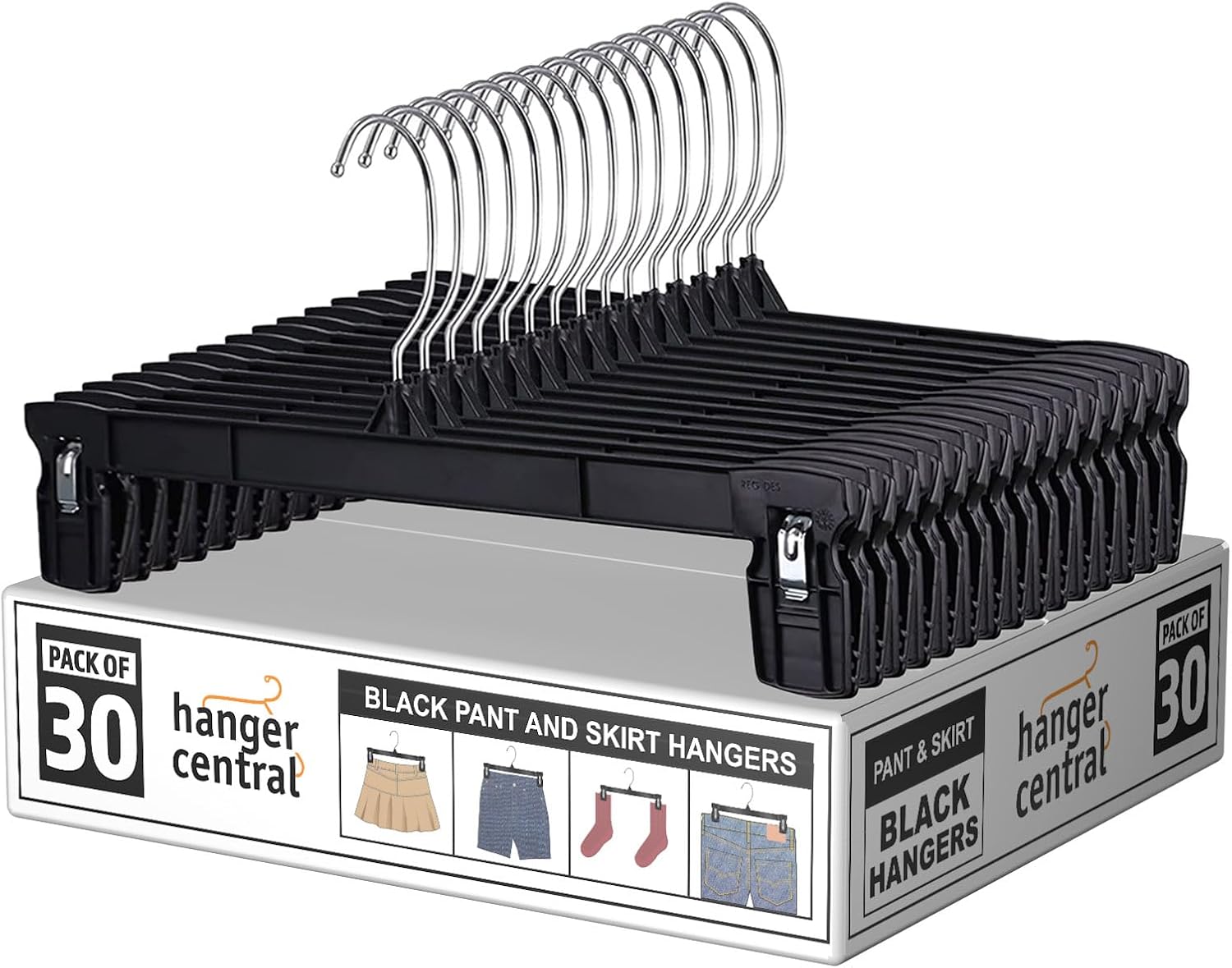12 inch 30 Pack Pants Hangers Slim Plastic Clothes Hangers with Clips for Skirts, Shorts & Trousers – Non Slip Grip, Heavy Duty Space Saver with Swivel Hook – Black Closet Organizer
