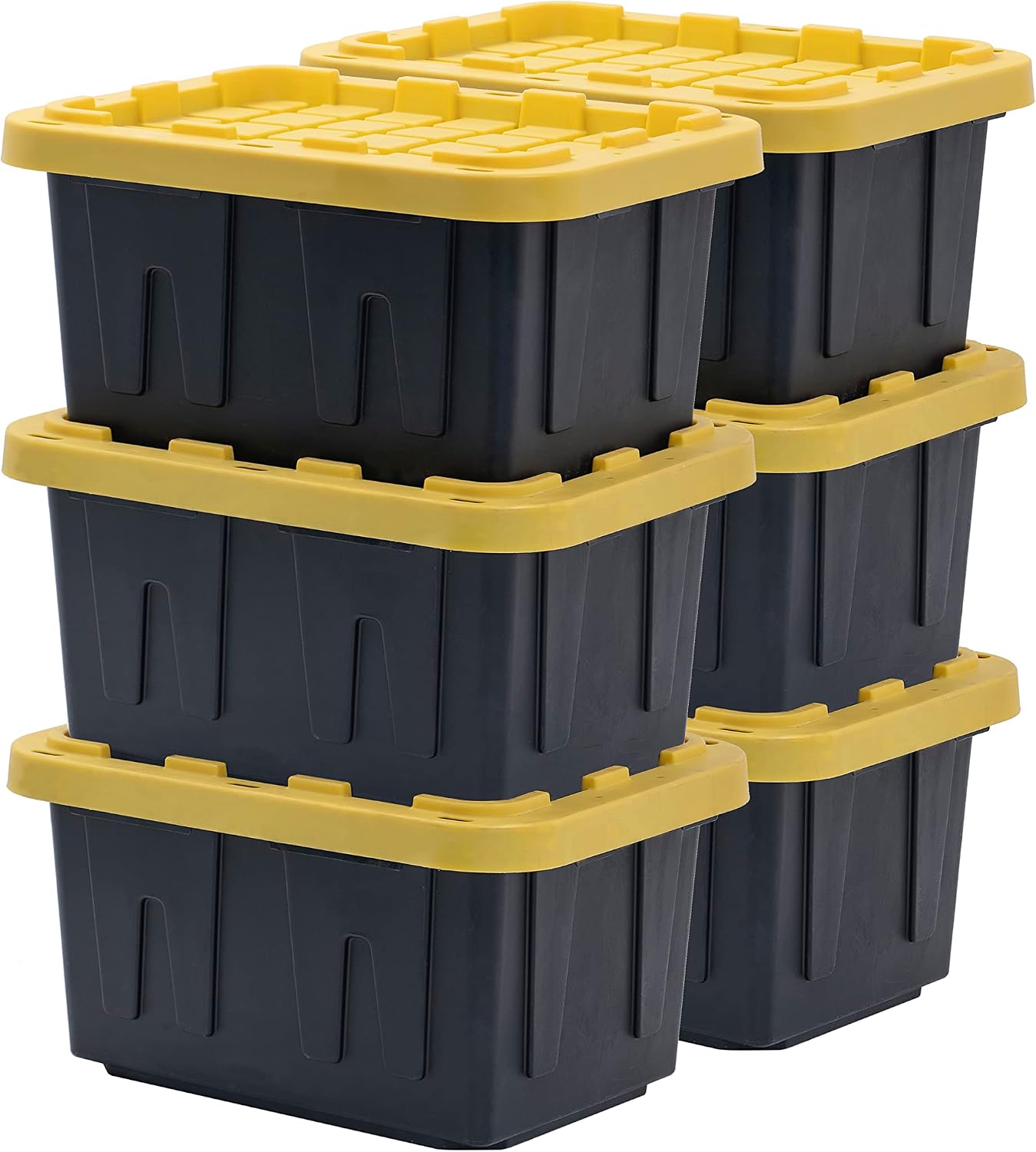 BLACK & YELLOW 5-Gallon Stackable Plastic Storage Bins with Lids, 6 Pack | Small heavy-duty storage totes for garage, closet, classroom & home organization, 8.6H x 12.3W x 16.4D, Black & Yellow