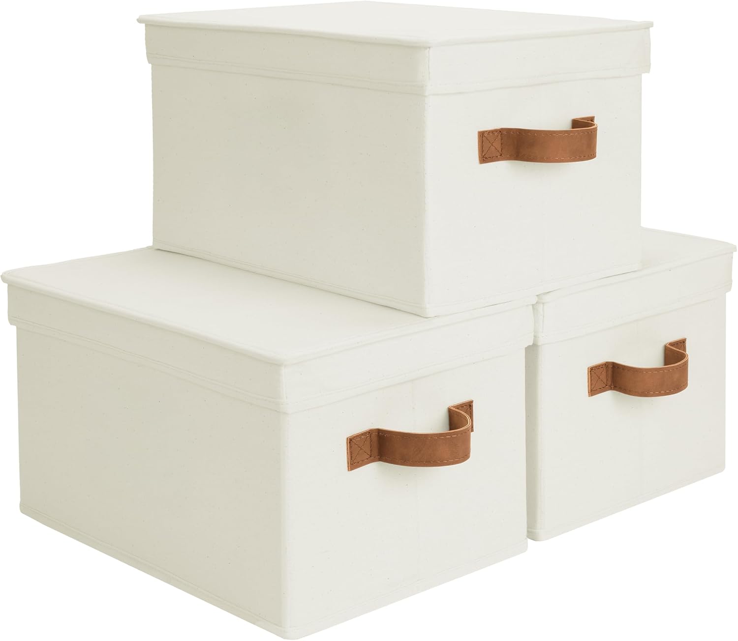 StorageWorks Fabric Storage Bins with Lids, Decorative Storage Bins with PU Handles, Foldable Storage Baskets for Closet, Shelves, Stackable and Sturdy Organization, Ivory, Large, 3-Pack