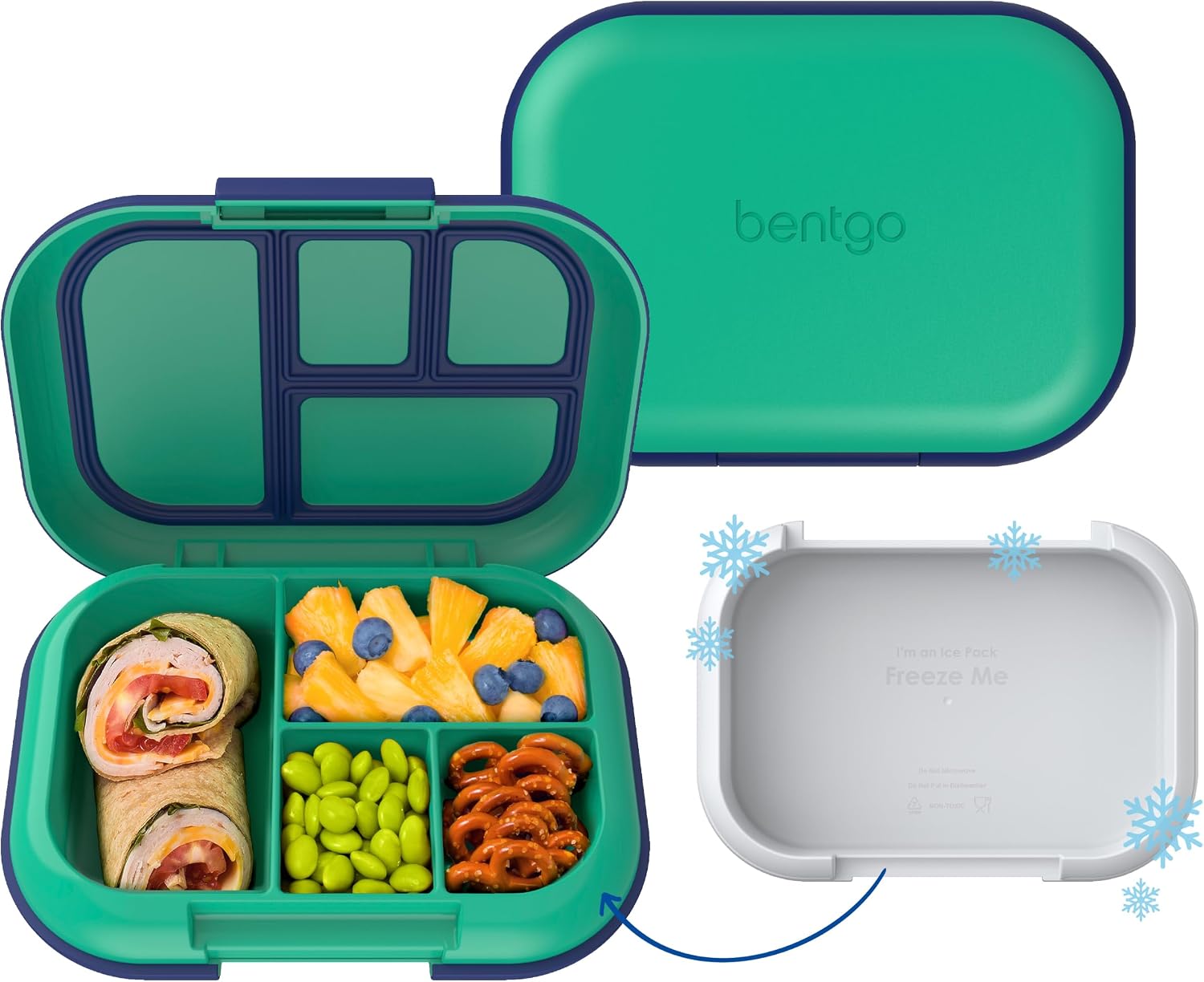 Bentgo Chill Kids 4-Compartment Bento Box Leakproof Lunch Box | Built-In Ice Pack, 3.3 Cup Capacity, BPA-Free, Microwave & Dishwasher Safe Tray, Ideal for Ages 3–7 (Green/Navy)