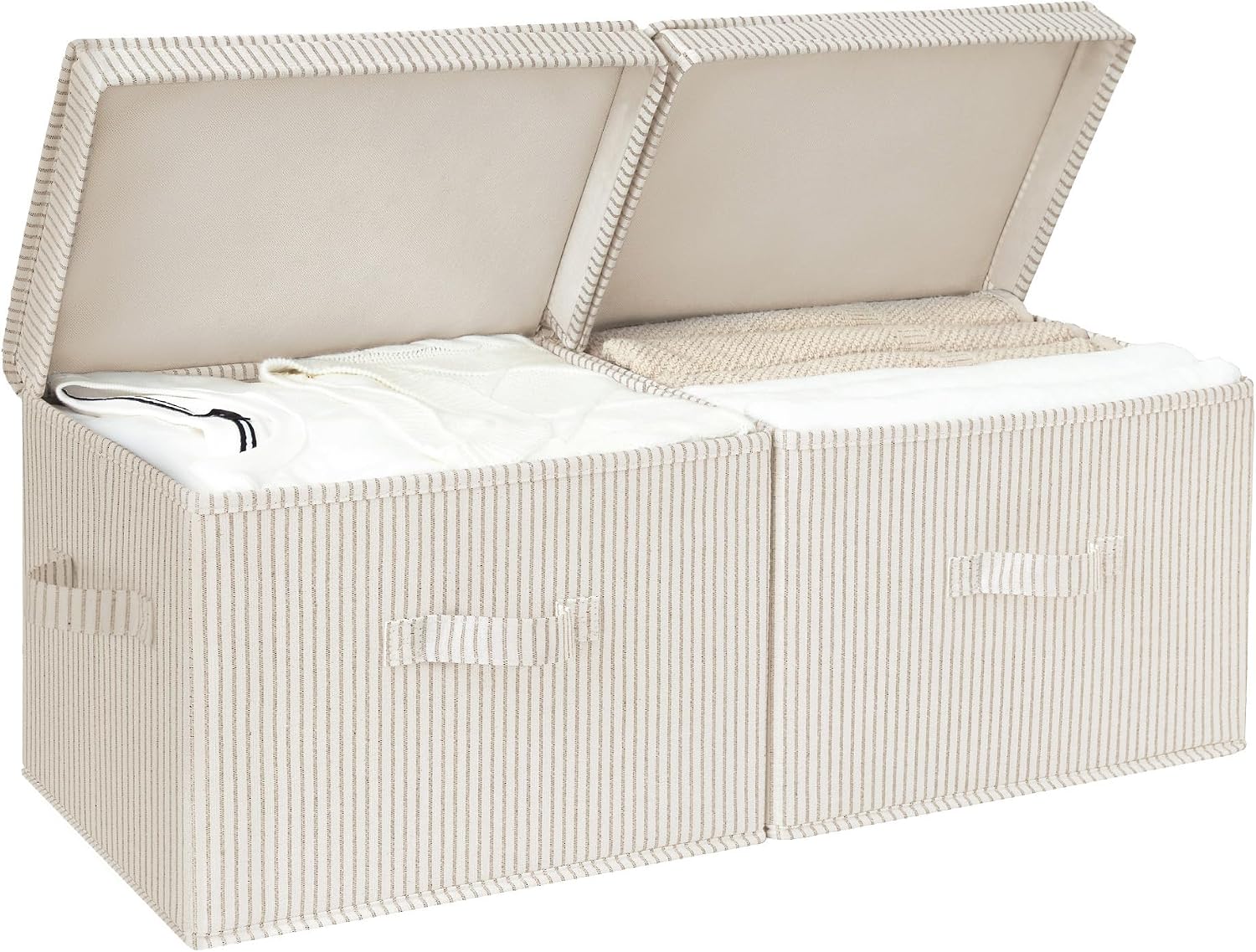 StorageWorks Fabric Storage Bins with Lids, Closet Storage Bins | Flip-Top Lid, 3 Handles, Collapsible, Stackable, for Clothes Blankets, Multi-Purpose, Large, Khaki and Beige Stripes, 2-Pack