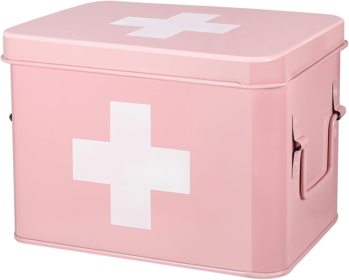 Flexzion Large Metal First Aid Box Empty, 8.5-Inch, Pink with White Cross | Vintage Medicine Box and First Aid Storage Organizer with Removable Tray and Dividers; Empty Box Only, Supplies Not Included