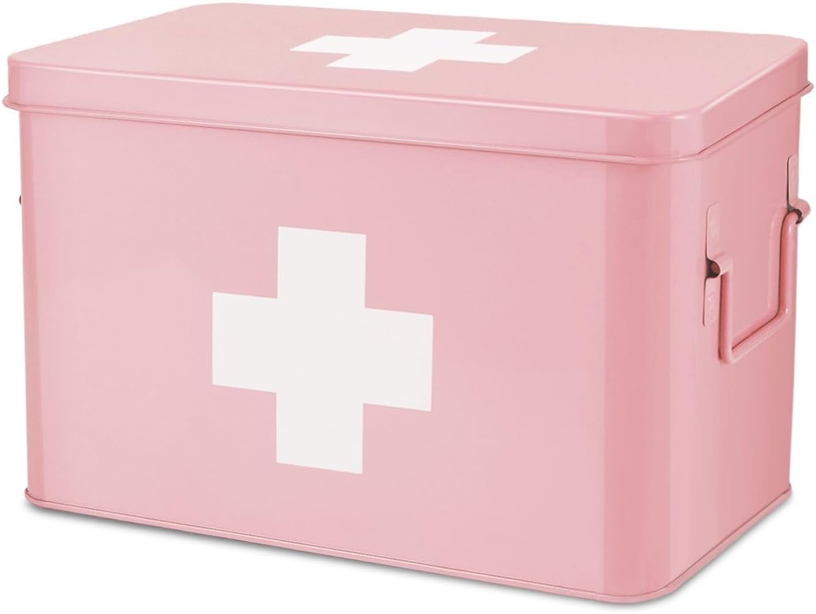 Flexzion Large Metal First Aid Box Empty, 13-Inch, Pink with White Cross | Vintage Medicine Box and First Aid Storage Organizer with Removable Tray and Dividers; Empty Box Only, Supplies Not Included