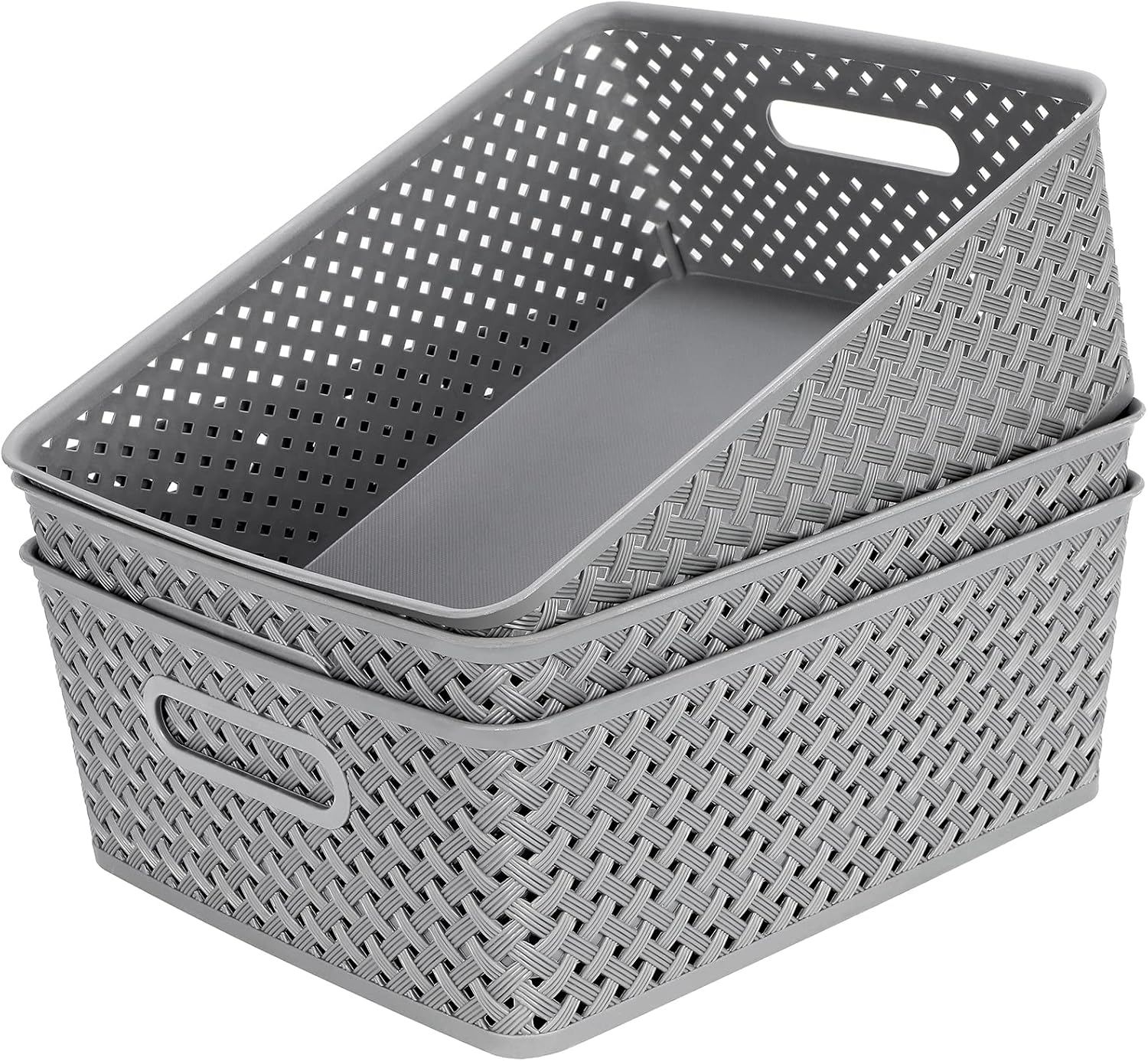 MaxGear 3 Pack Plastic Storage Baskets, Large, Grey | Durable Woven Plastic with Built-In Handles, Suitable for Shelves, Closets, Cabinets, Bathrooms and Offices