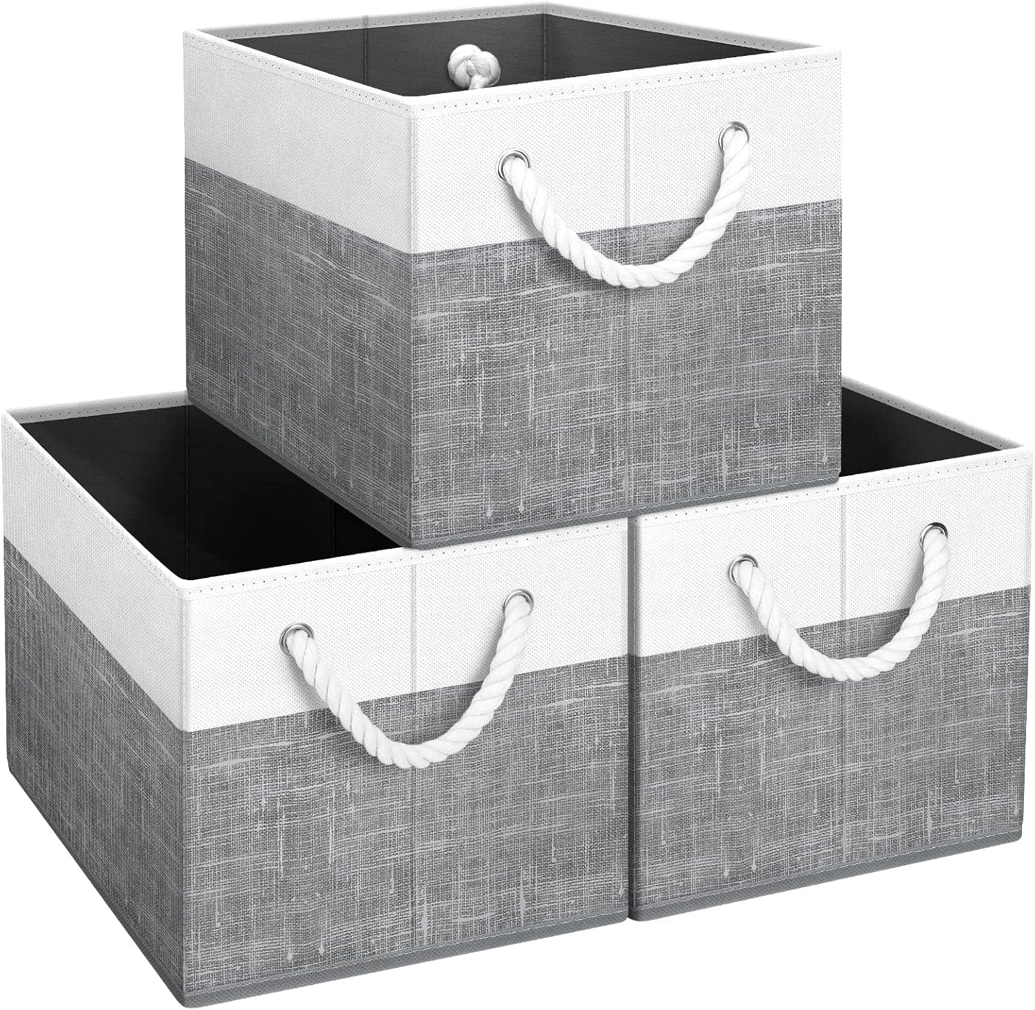 Storage Bins Foldable Storage Baskets with Rope Handles | 3-Pack Storage Bins for Organizing Toys, Books, Shelves, Closet, Large Storage Box Sturdy Organizer Bins, White & Grey
