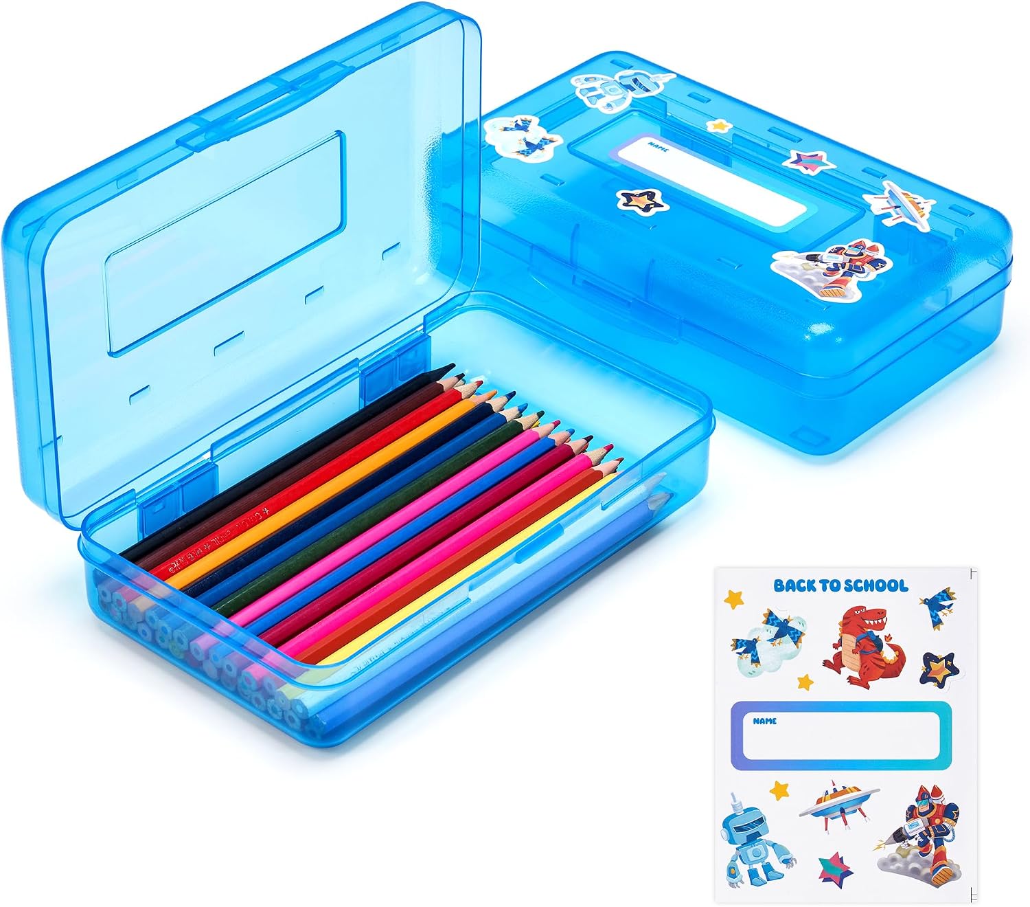 GAMENOTE Plastic Pencil Box with Personalized Sticker,Kid Hard Pencil Case with Snap-tight Lid,Small Art Craft Storage Containers,School Supplies Box for Boys,Girls (Blue)