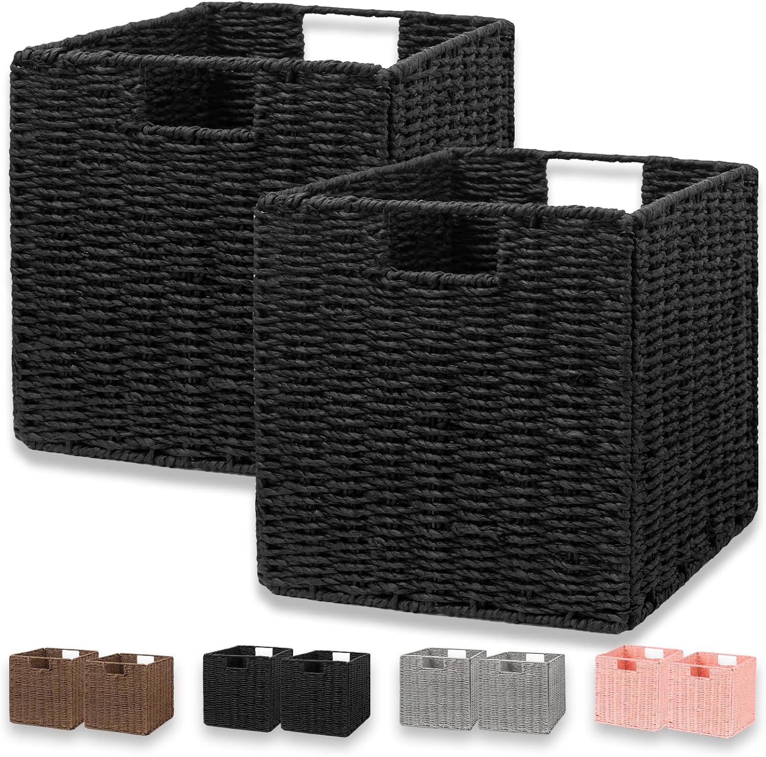 Vagusicc Wicker Storage Basket, Set of 2 Hand-Woven Wicker Basket, Foldable Cube Storage Bin, Black Storage Basket, Square Storage Baskets for Organizing Shelves & Decor, Black (11"×11"×11")