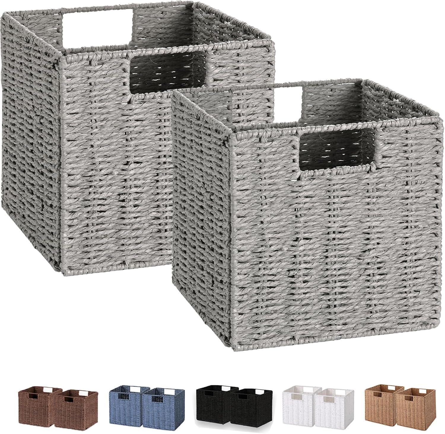 Vagusicc Wicker Basket, Set of 2 Hand-Woven Wicker Storage Basket, Foldable 11 inch Cube Storage Bins, Storage Baskets for Organizing Shelves, Closet Organizers and Storage Bins, Gray (11"×11"×11")