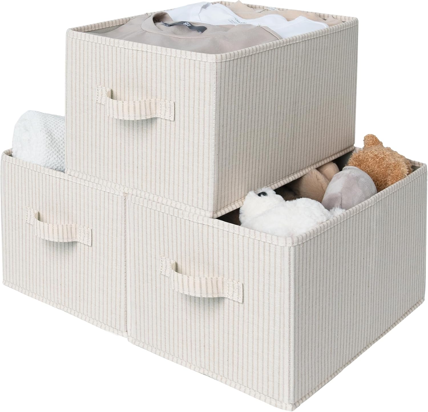 StorageWorks Shelf Organizer Bins, Beige Stripes, 3-Pack, Large | Foldable Shelf Organizer Bins, Closet Storage Baskets for Clothes, Fabric Storage Bins for Shelves