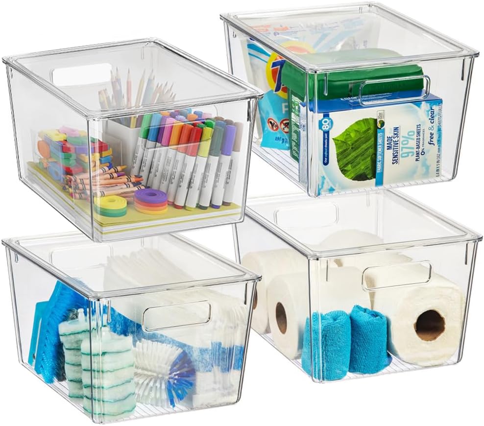 ClearSpace Storage Bin with Lid, Pantry & Desk Organizer, XL, 4 Pack | Plastic storage bins with lids for pantry, desk, and home organization