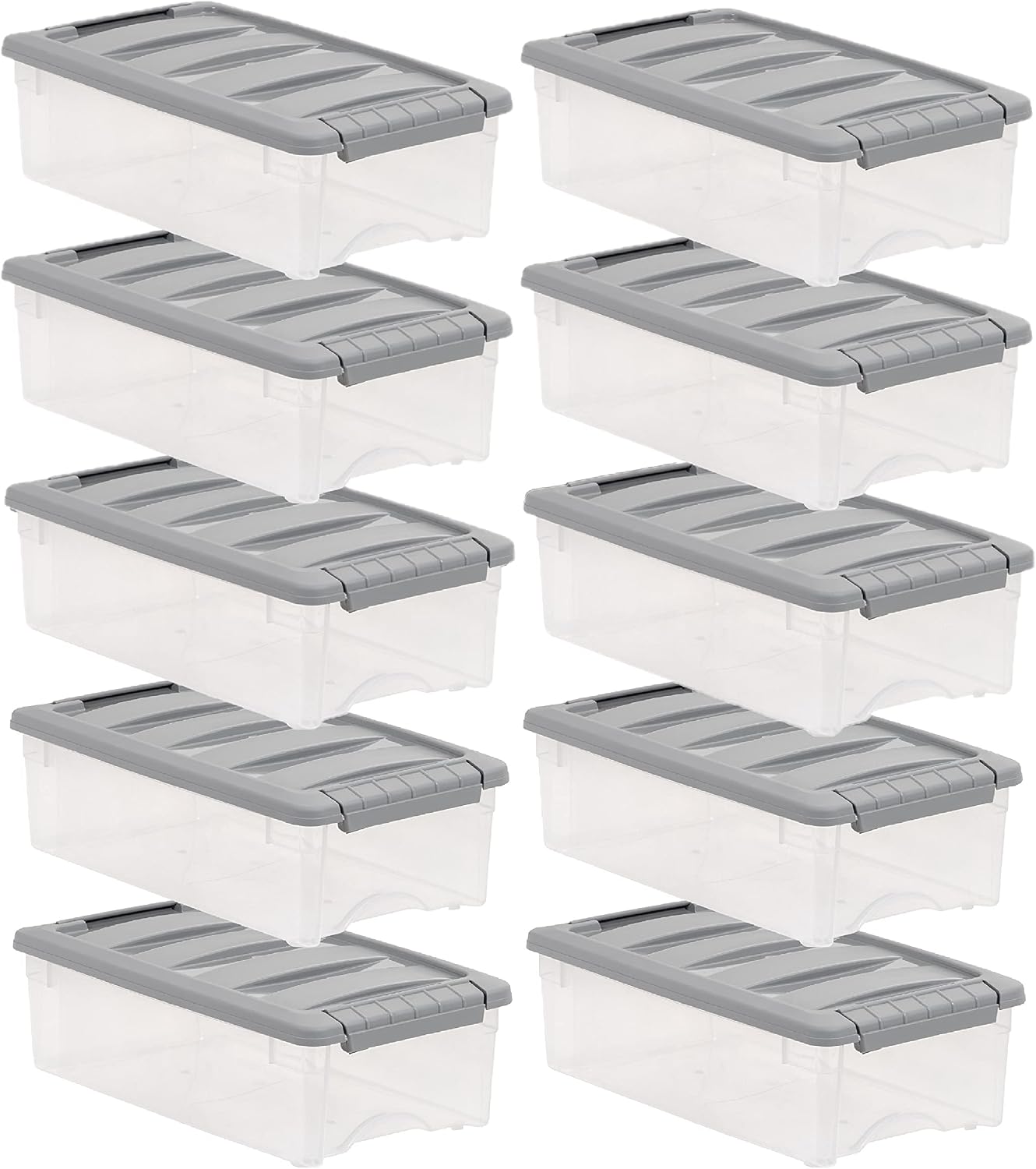 Amazon Basics Plastic Storage Containers with Secure Latching Lids, Stackable Organization Bins, Clear/Grey, 5 Quart, Set of 10