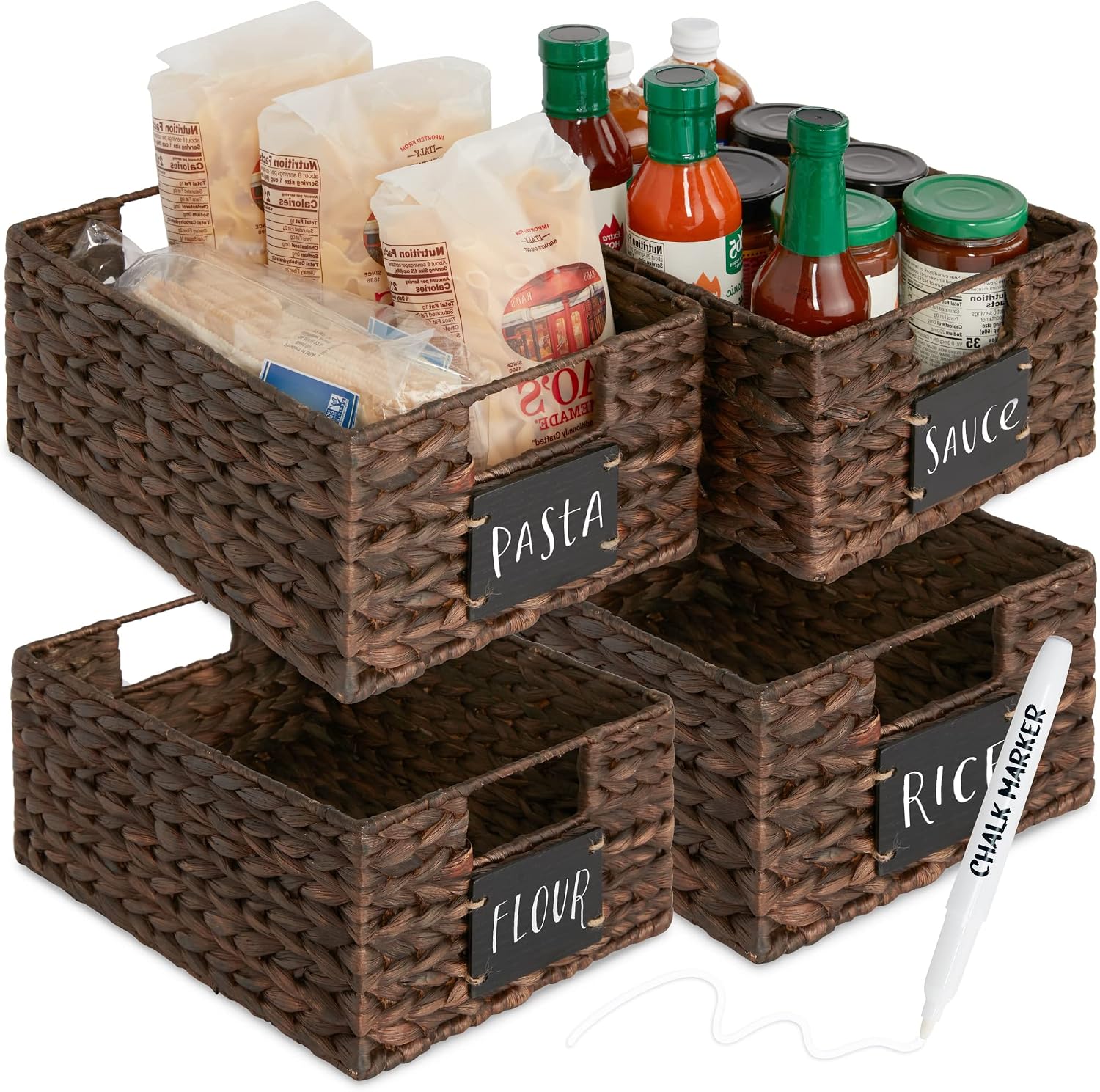 Best Choice Products Set of 4 9x12in Water Hyacinth Pantry Baskets, Woven Organizers w/Chalkboard Label, Chalk Marker