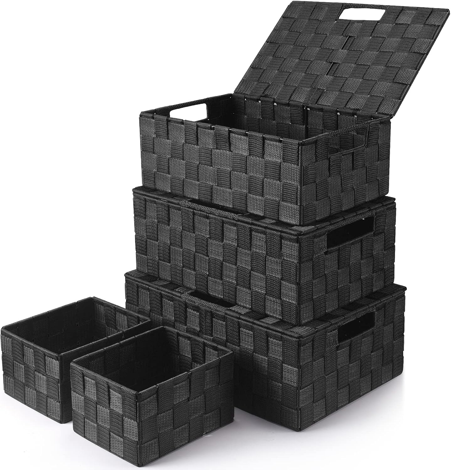 Storage Baskets with Lids: 5 Pack Stackable Woven Storage Bins, Black | Decorative Woven Baskets for Organizing with Built-In Handles for Shelves, Closets, Cabinets and Cubbies, Gift Small Basket