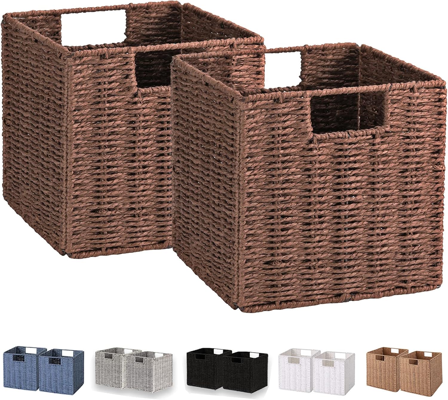 Wicker Storage Basket, Set of 2 Hand-Woven Storage Baskets for Shelves, Foldable Cube Storage Baskets Bins with Handles, 9 inch Small Wicker Baskets for Organizing Pantry Bedroom, Brown