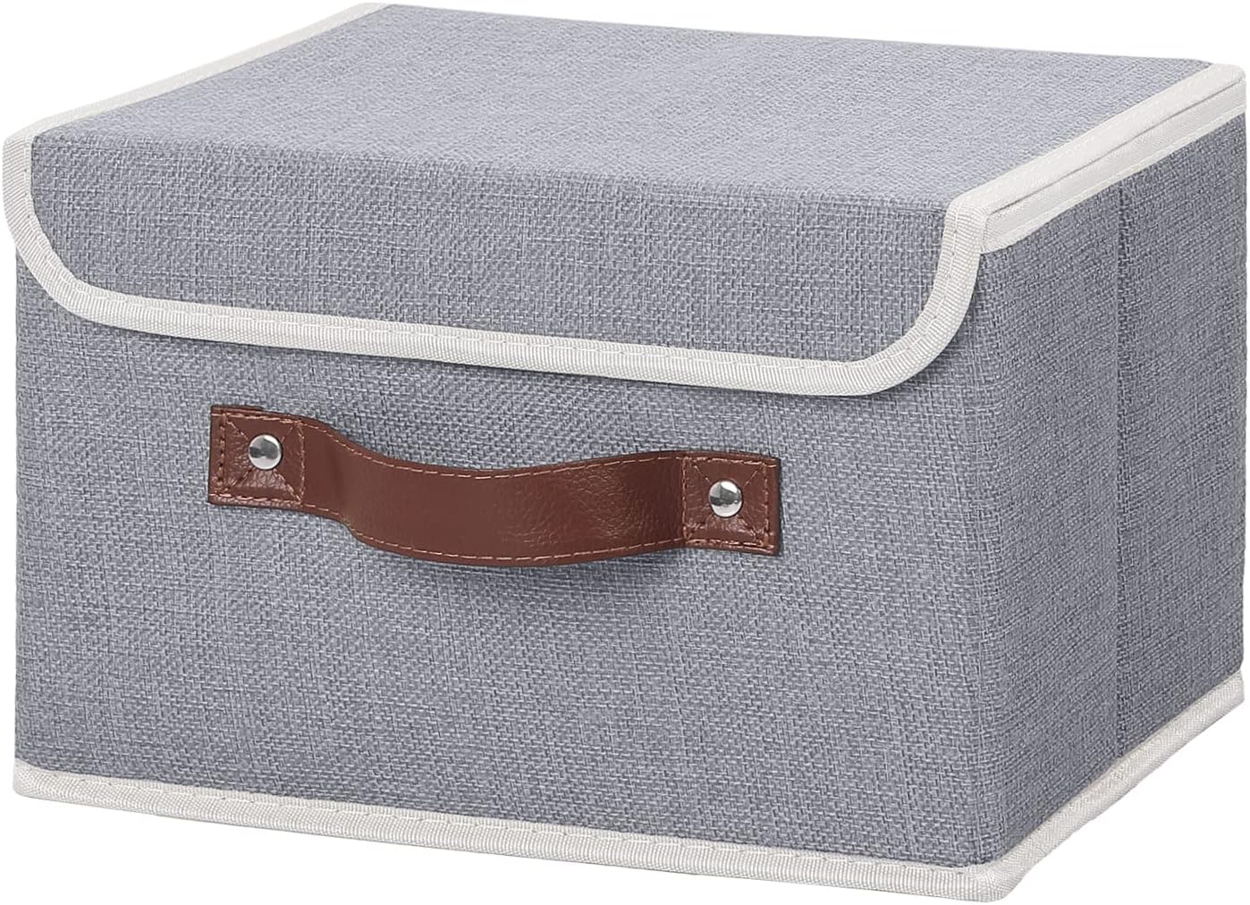 ANMINY Storage Bin with Lid Storage Boxes with PU Leather Handles PP Plastic Board Decorative Foldable Lidded Cotton Linen Fabric Home Cubes Baskets Closet Organizer Container