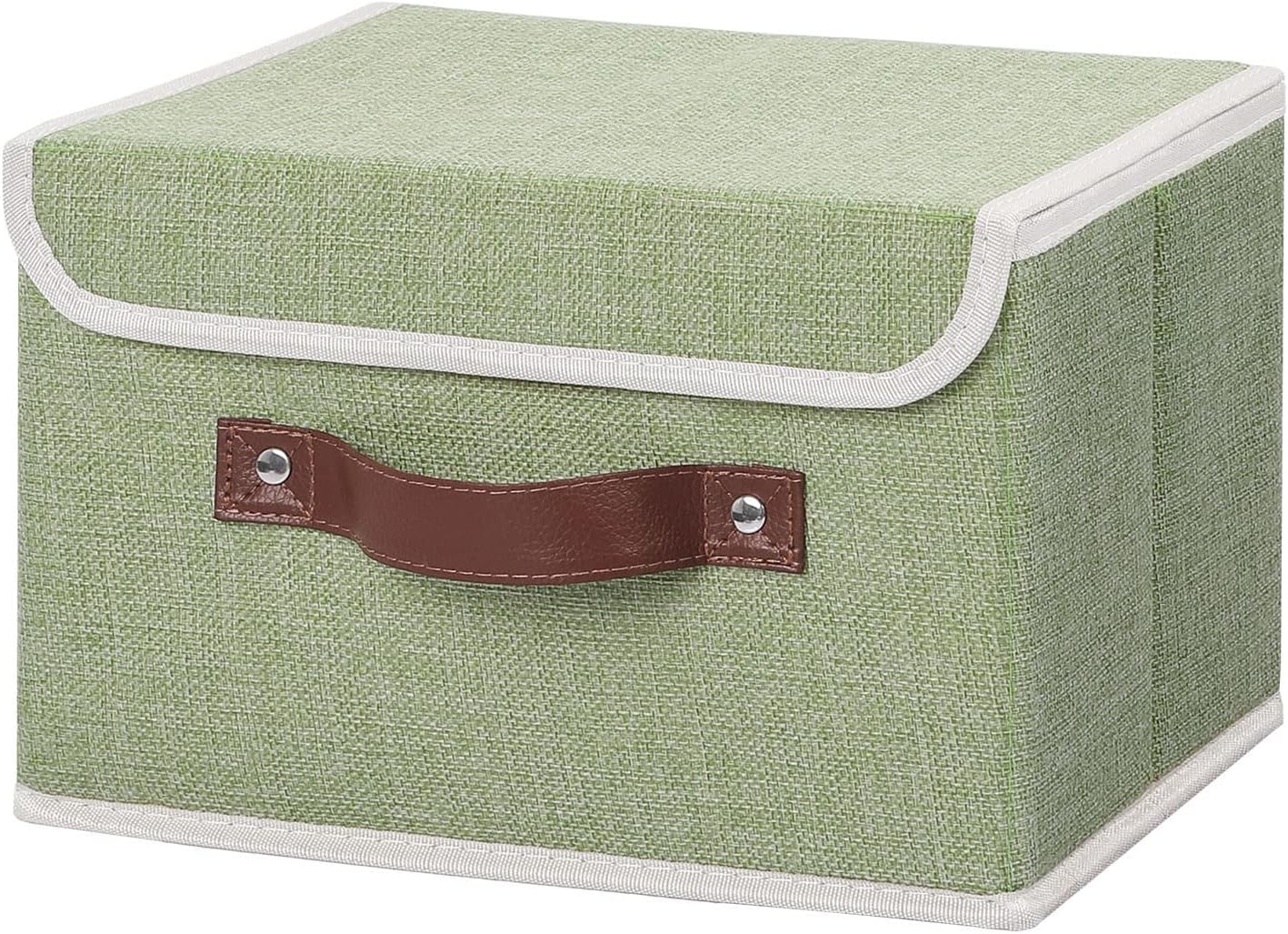ANMINY Fabric Storage Box Bins with Lids, Green, 10"x8"x7" | Keepsake Memory Storage, Cotton Linen, PP Board Reinforced, Washable, PU Handles, Foldable & Stackable, Decorative, Small