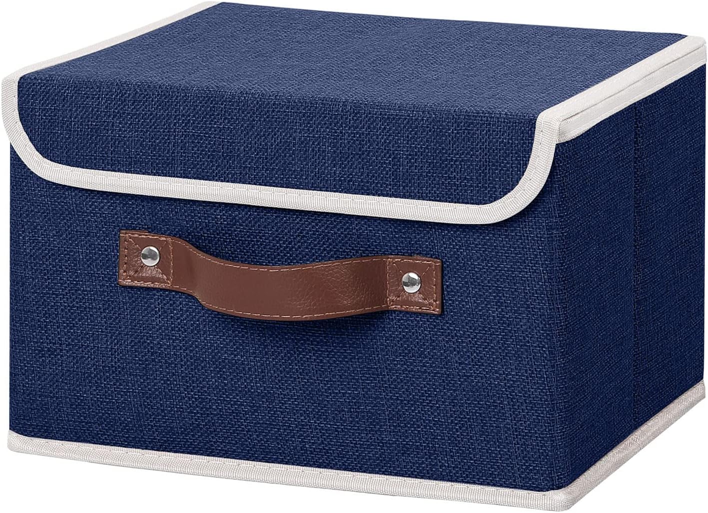 ANMINY Fabric Storage Box Bins with Lids, Blue, 10"x8"x7" | Keepsake Memory Storage, Cotton Linen, PP Board Reinforced, Washable, PU Handles, Foldable & Stackable, Decorative, Small