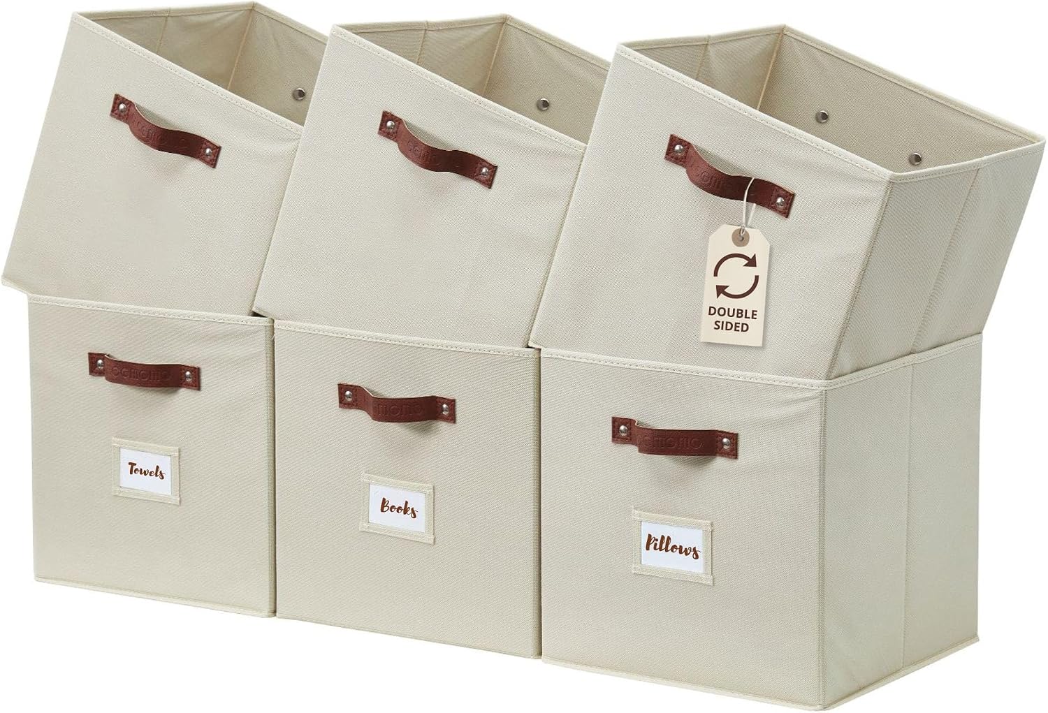 DECOMOMO Storage Bins, Cube Storage Bin with Labels | 10.5" x 11" Fabric Storage Cubes for Shelves (6pcs, Beige)
