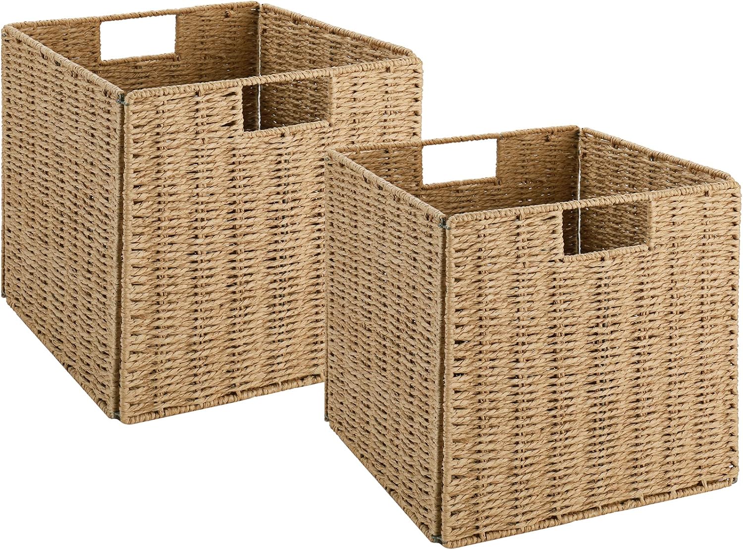 Wicker Storage Basket, Set of 2 Hand-Woven Storage Baskets for Shelves with Handles Foldable Cube Storage Baskets Bins, 9 inch Wicker Baskets for Pantry Bedroom Organizer &Decor, Natural