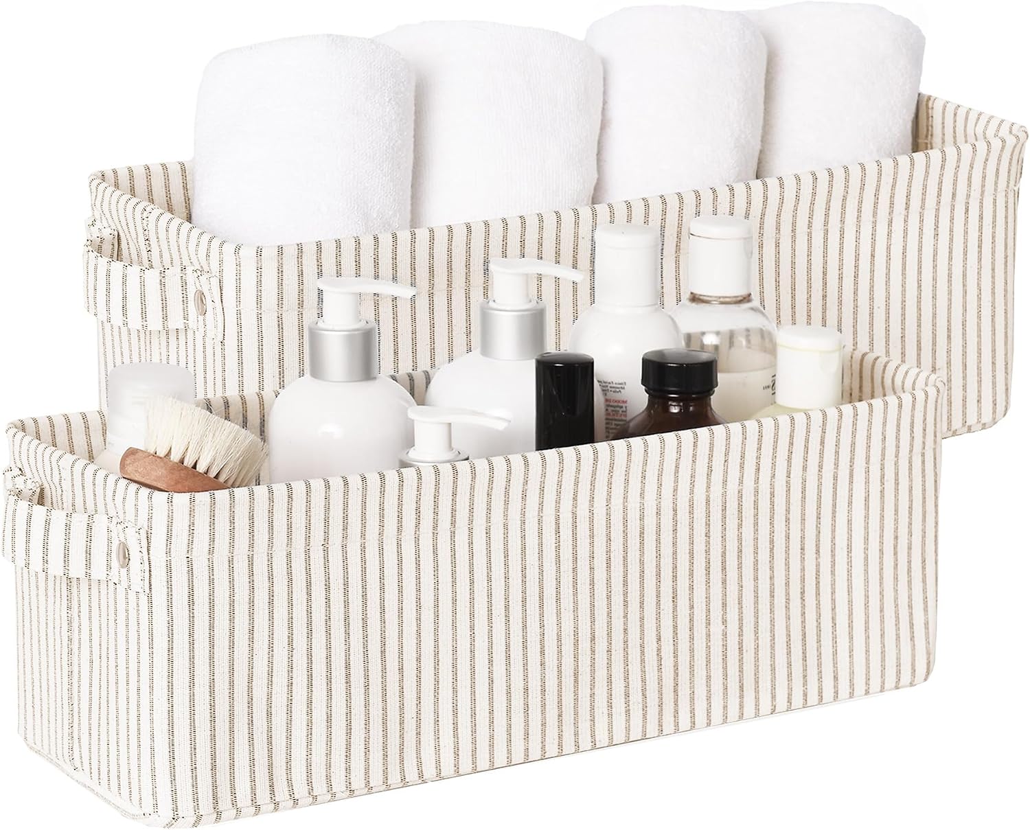 StorageWorks Fabric Narrow Storage Bins, Khaki and Beige Stripes, 2-Pack | With Metal Frame, Sturdy Structure, Reinforced Handles, Toilet Paper Storage, Small Baskets for Bathroom, Closet, Shelf