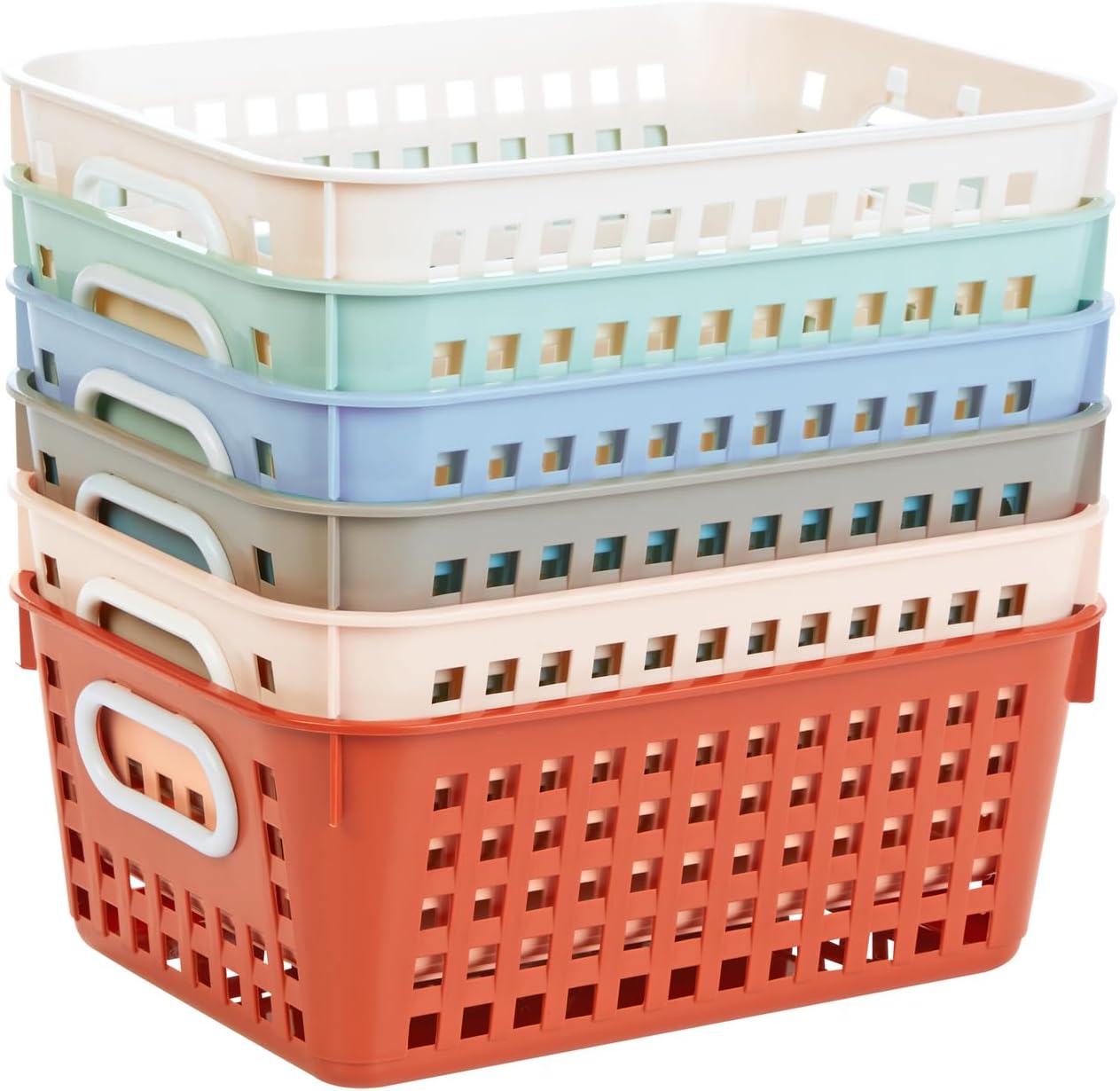 Really Good Stuff Medium Plastic Book Baskets, 11" by 7.5" by 4.5", 6-Pack | Boho Group Colors, Versatile Storage Solution for Classroom, Home, and Office
