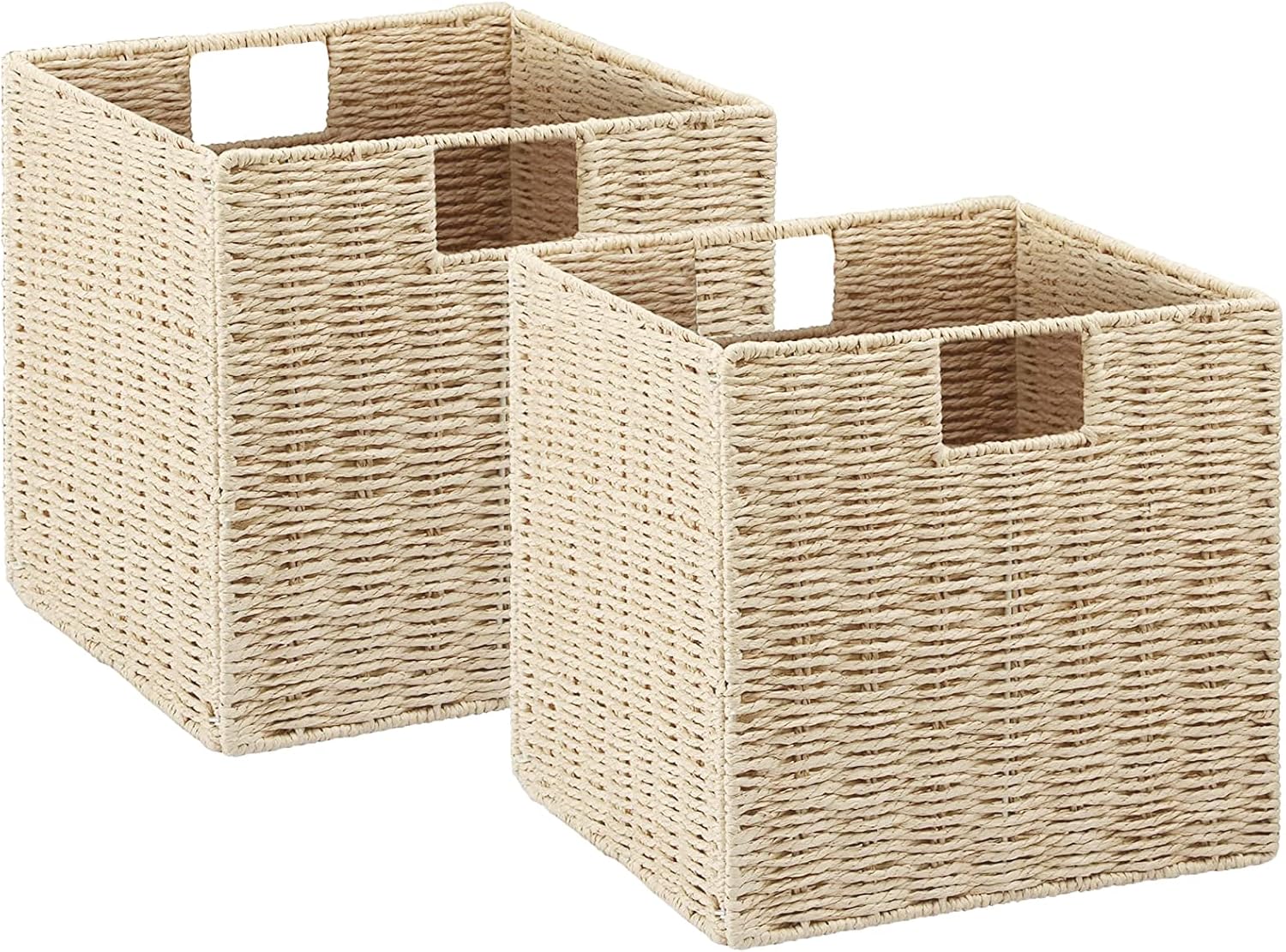 Vagusicc Wicker Storage Basket, Set of 2 Hand-Woven Storage Baskets for Shelves with Handles, Foldable Cube Storage Baskets Bins Organizer, 9 inch Wicker Baskets for Pantry Bedroom Decor, Beige