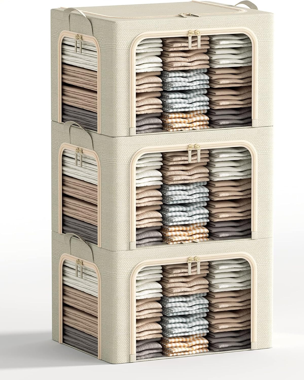 3 Openings Large Clothes Storage Bins with Metal Frame, Foldable Storage Bin for Clothes,Clothing Storage Bins with Lid, Linen Storage Box With Clear Window＆ Zippers＆ Durable Handles.(3 Pcs,Beige,66L)