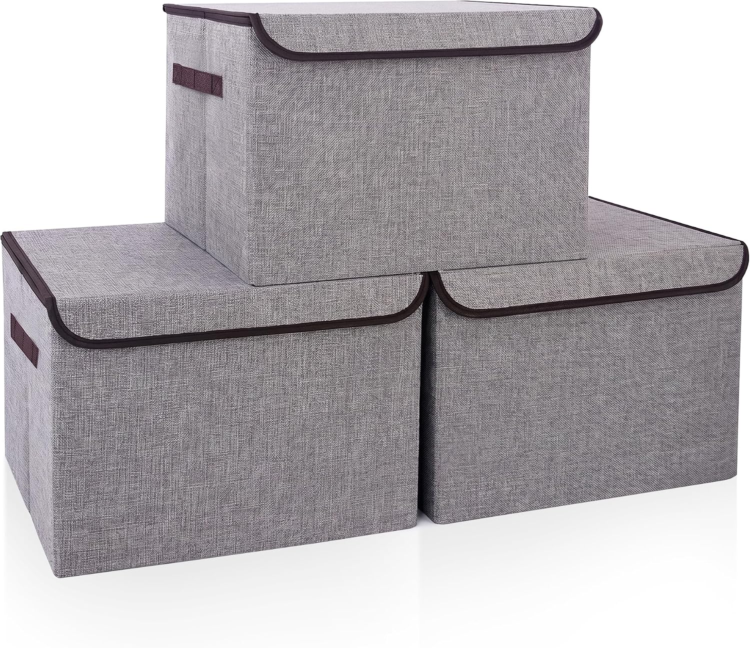 Bagnizer Large 17" 42 Quarts Collapsible Stackable Storage Bins with Lids [3-Pack] Foldable Fabric Linen Storage Boxes Cube, Closet Organizer Baskets with Label for Home (16.7 x 12 x 12, Gray)