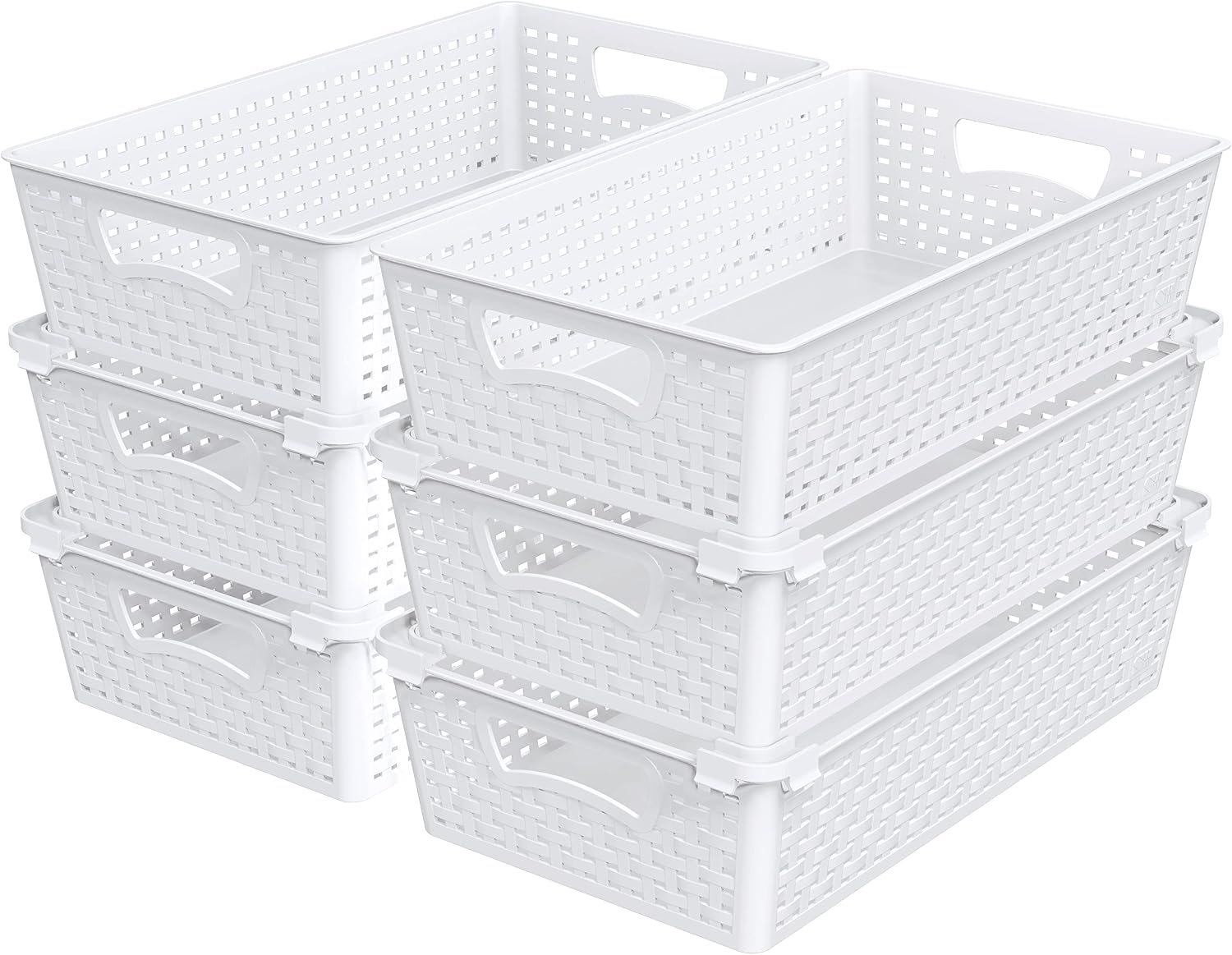 Simple Houseware Stackable Plastic Woven Basket Organizer, 6 Pack, White | 14.5" D x 8.5" W x 3.5" H
