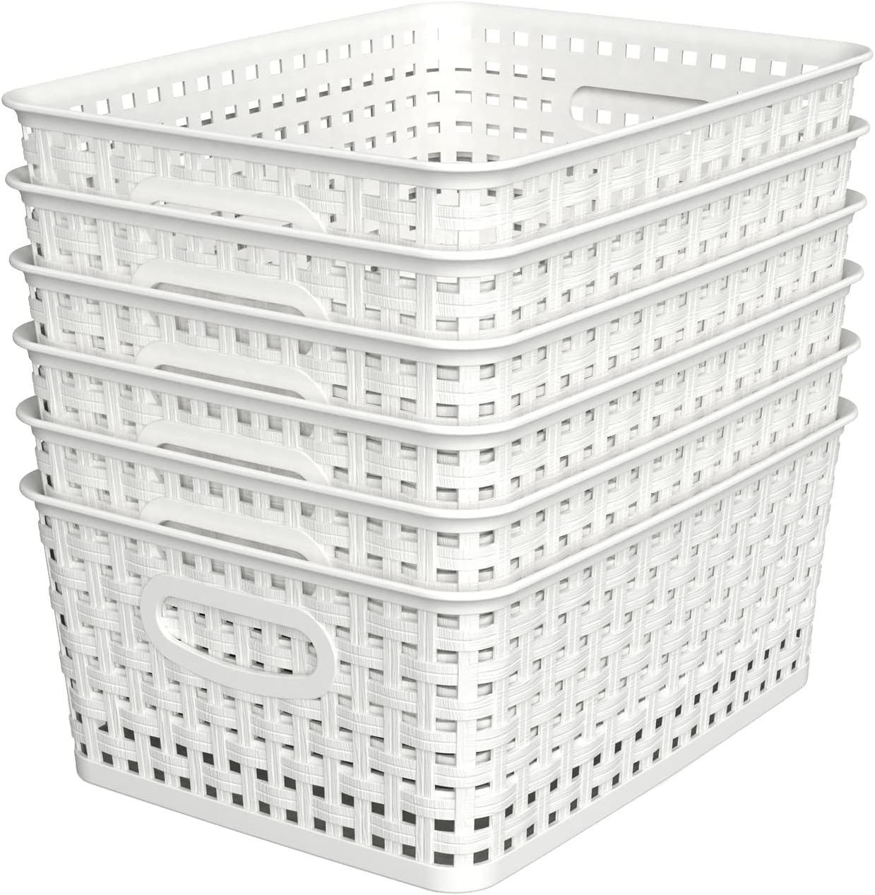 WYT Woven Plastic Storage Baskets, 6 Pack White Weave Bins Organizer, 10.1" x 7.55" x