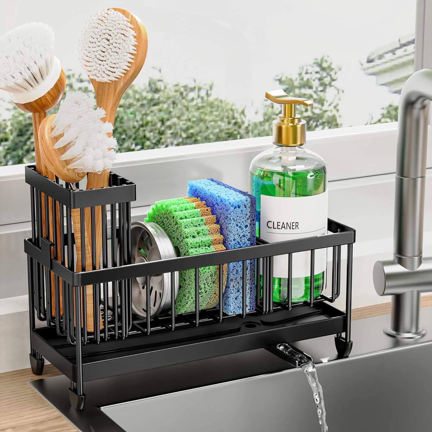 Cisily Sponge Holder for Kitchen Sink, Sink Caddy Organizer with High Brush Holder, Kitchen Countertop Organizers and Storage Essentials, Rustproof 304 Stainless Steel (Black, 9.25")