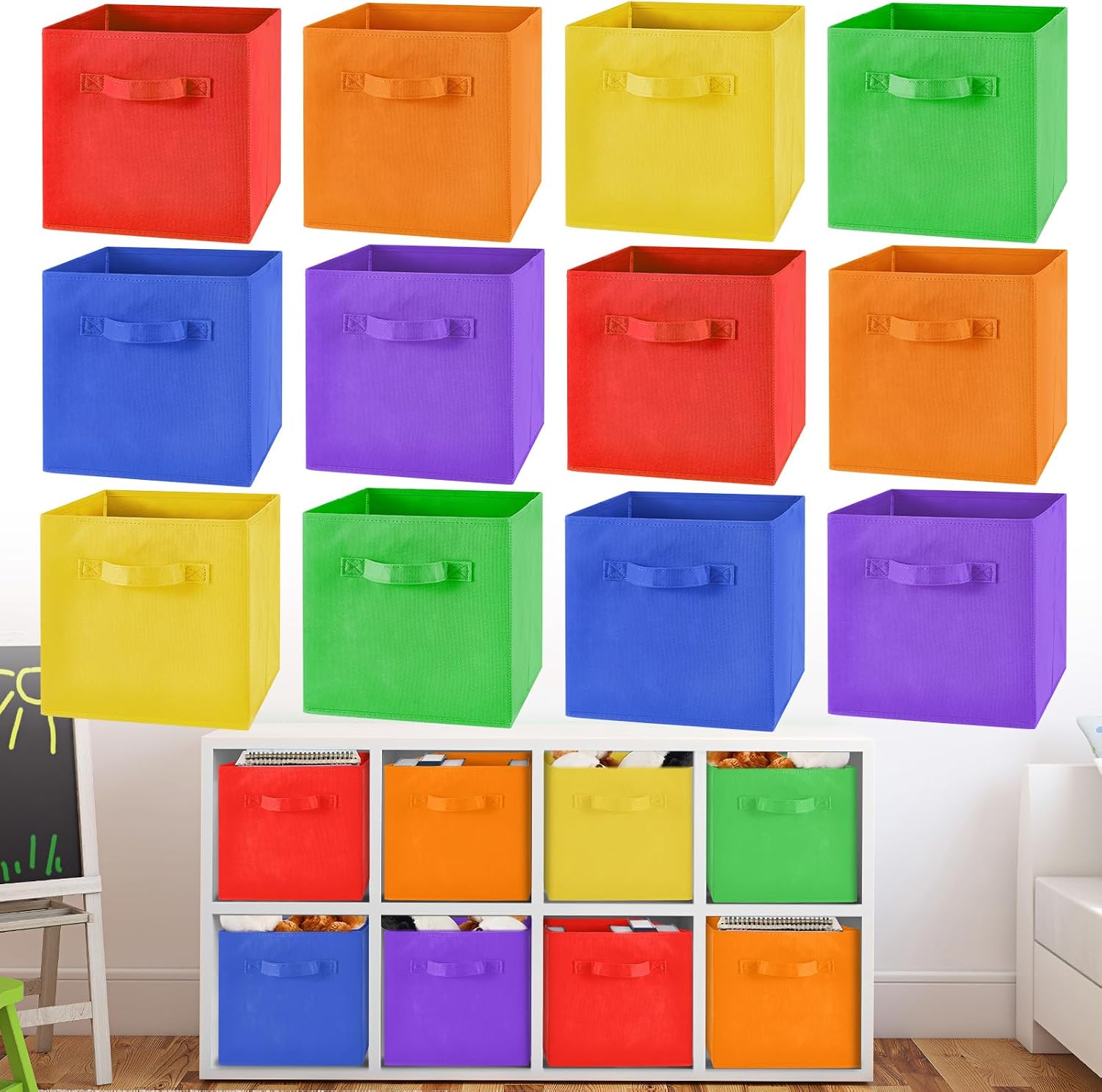 Yinder 12 Pcs Cube Storage Bin Rainbow Colored 10.5''x10.5''x11'' Storage Bins for Kids Classroom Decor Colorful Bins Foldable Baskets for Playroom Nursery Organizer Fabric Boxes