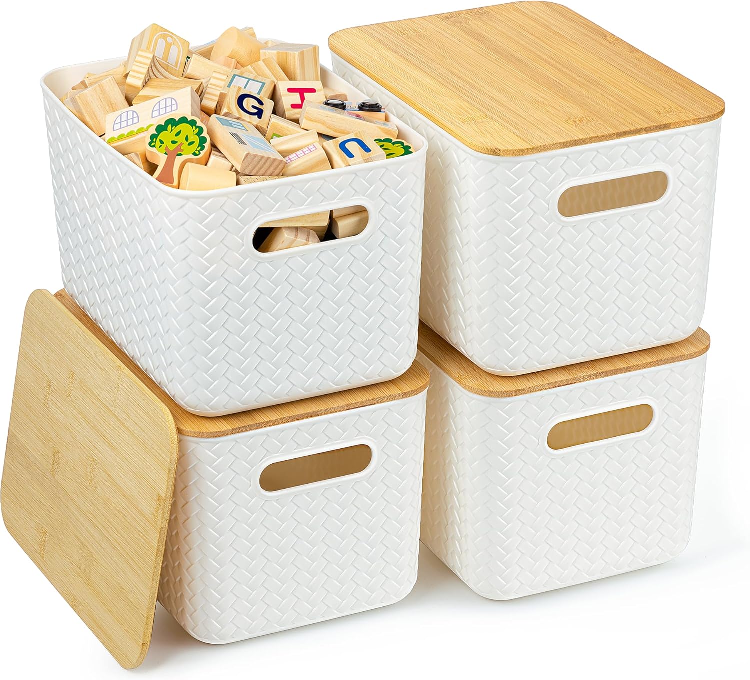 Ohmlove 4 Packs Storage Bins with Bamboo Lids